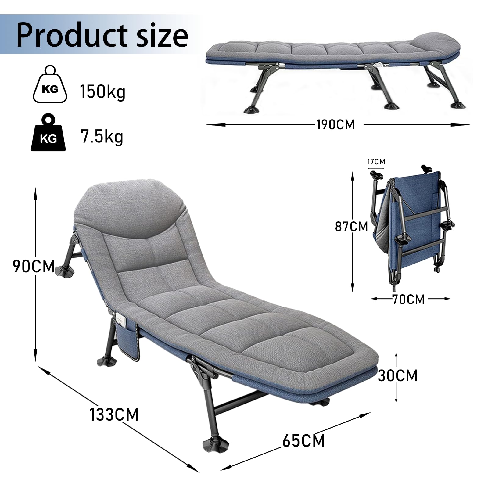 Łóżko kempingowe składane z materacem, łóżko polowe z 6-stopniową regulacją oparcia, leżak karpiowy do 150 kg, 190 x 65 x 30 cm, do użytku wewnątrz i na zewnątrz i ogrodu