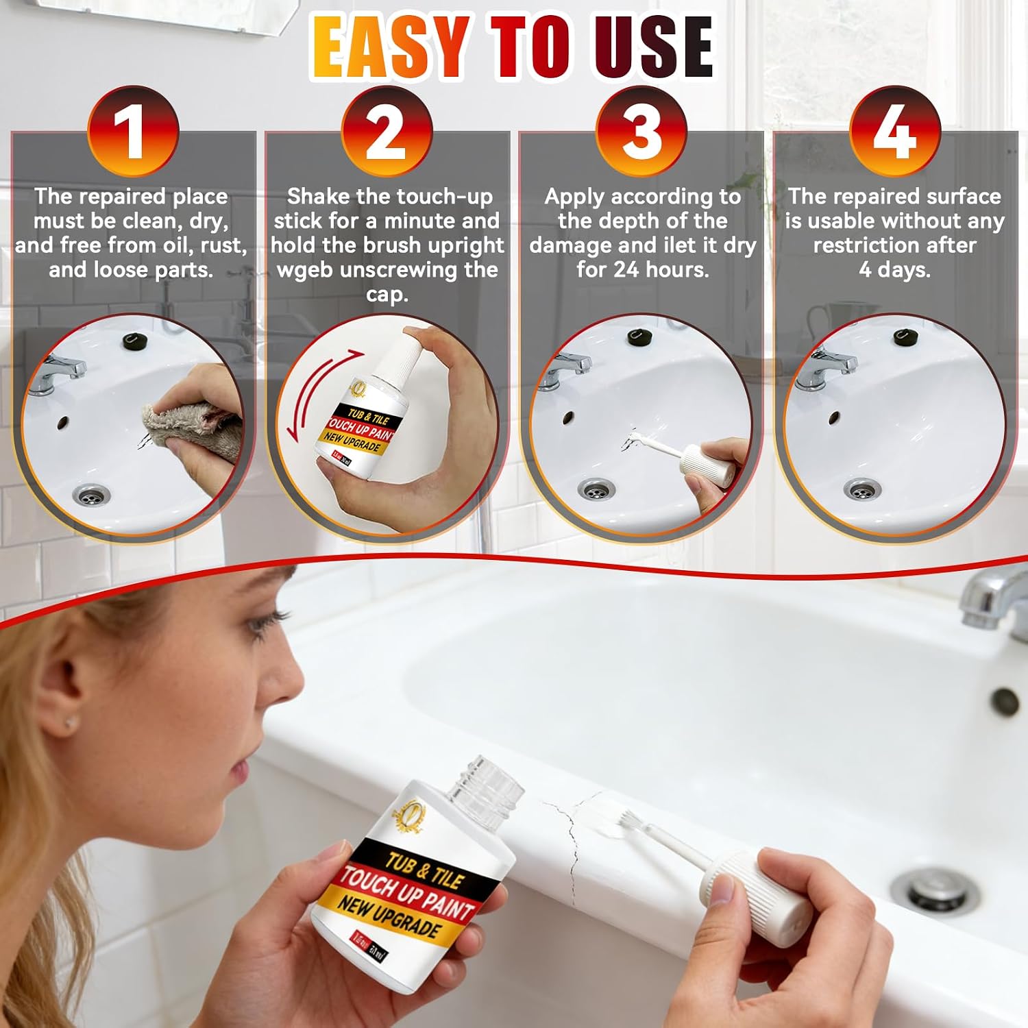 White Tub and Tile Touch-Up Paint,Semi-Gloss Waterproof Porcelain Repair Paint for Bathtubs, Sinks & Tiles, Covers Scratches Chips on Enamel and Acrylic