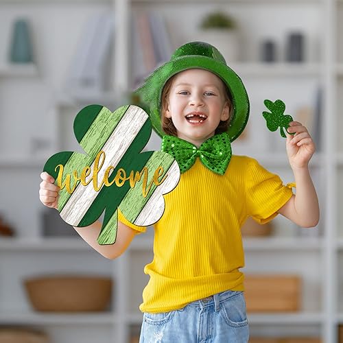 Miniatura 3 de Whaline Letrero colgante de madera irlandesa para puerta del día de San Patricio, tablero de bienvenida con forma de trébol, letrero colgante de