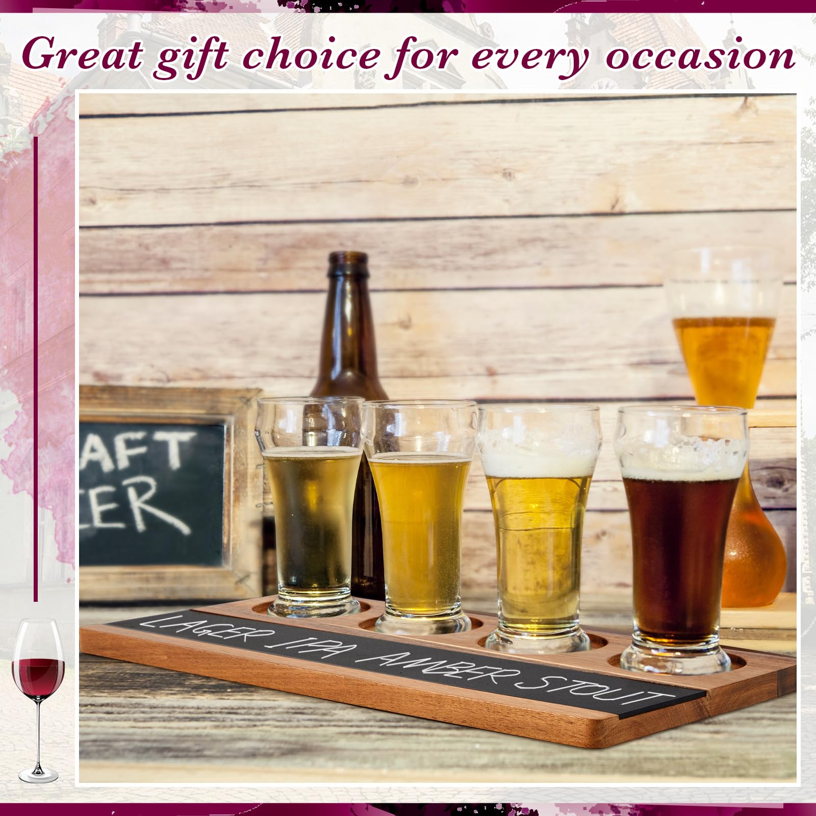 Marsui Set da 7 pezzi per degustazione di vino, include 1 tavola da whisky in legno, 4 bicchieri da volo, 2 gessetti in pietra ollare per birra, cocktail, caffè, forniture per feste di degustazione di