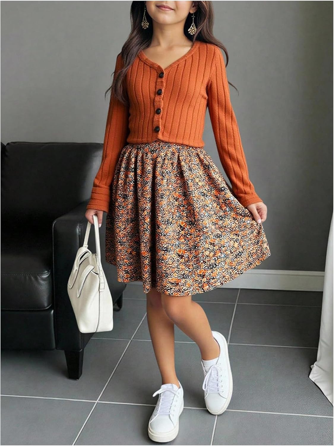 Girl's 2 Piece Outfits Floral A Line Sundress and Button Down Cardigan Fall Sets - Image 3