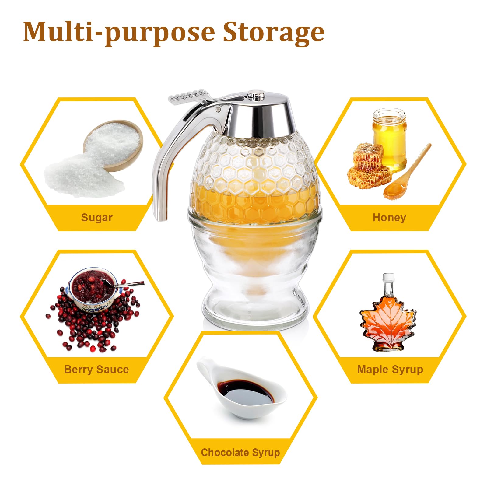 SUMNACON Dispenser per miele in vetro, contenitore per miele con supporto e manico, vaso per miele con dipper, dispenser per syrup, barattoli per miele facili da pulire, per tavolo da colazione