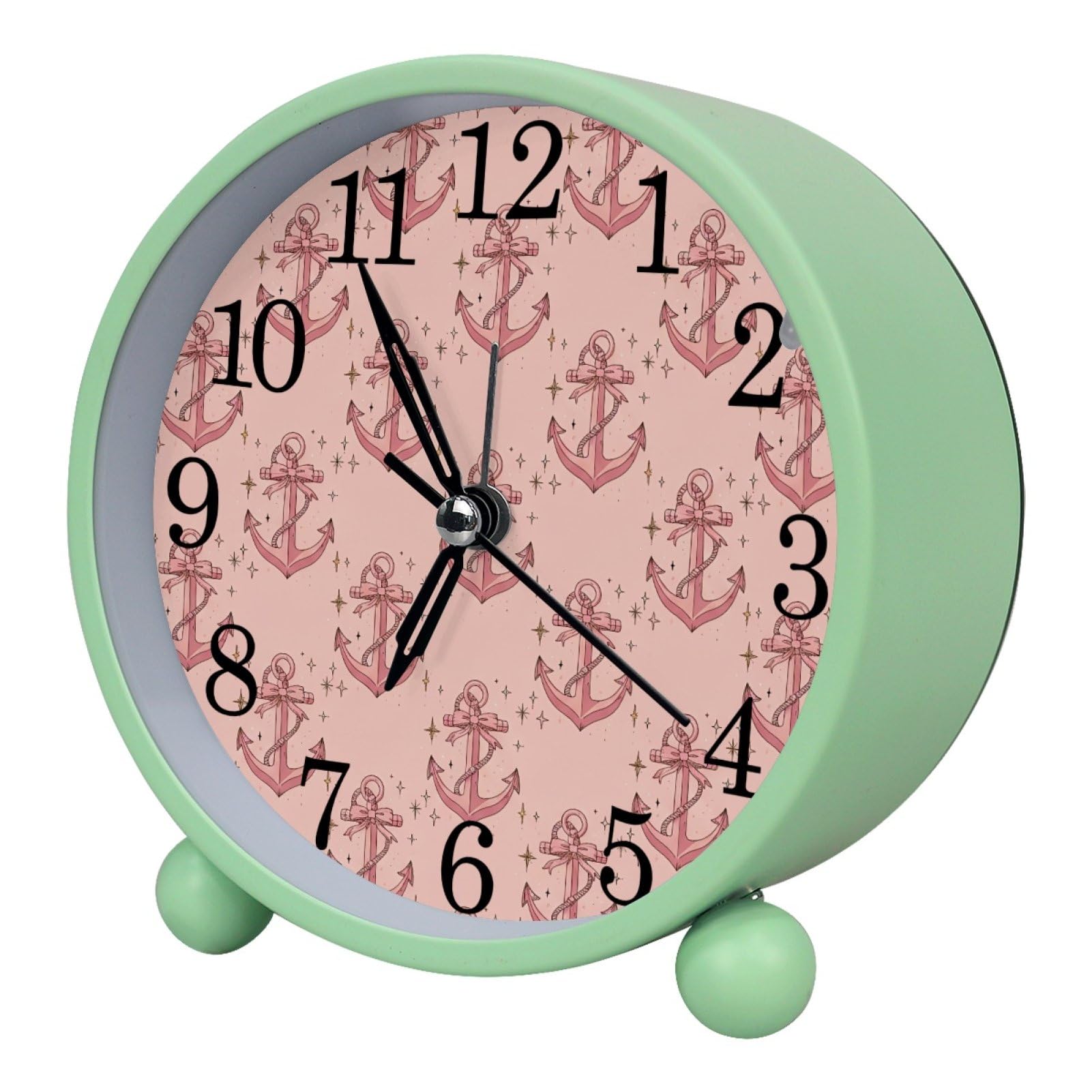 etoenbrc Pink Ship Anchors Round Battery Operated Bedside Alarm Clock Non-Ticking Desktop Silent Analog Alarm Clock with Light