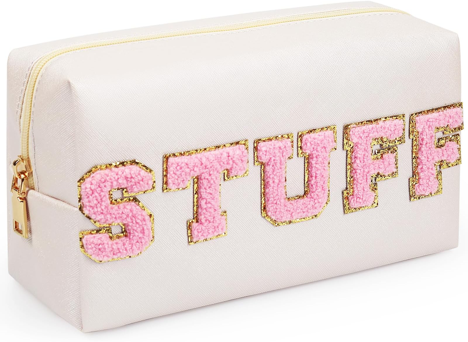 Preppy Makeup Bag, Synthetic Leather Patch Cosmetic Bag with STUFF Chenille Letter for go out, Gift for Girlfriend or Wife, Present for Girls, Daughter and Mum (Cream)