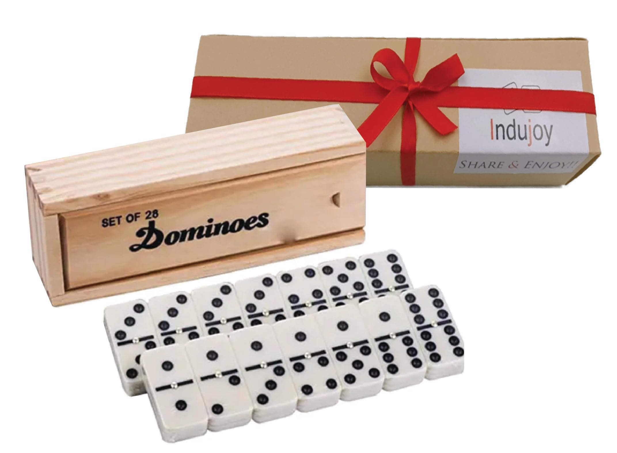 Indujoy Dominoes Set for Adults, Double Six, Double 6 Professional Domino Tiles with Wooden Box, 28 pcs Domino Set 28 Tiles with Natural Wooden Case - Gift Ready Boxed