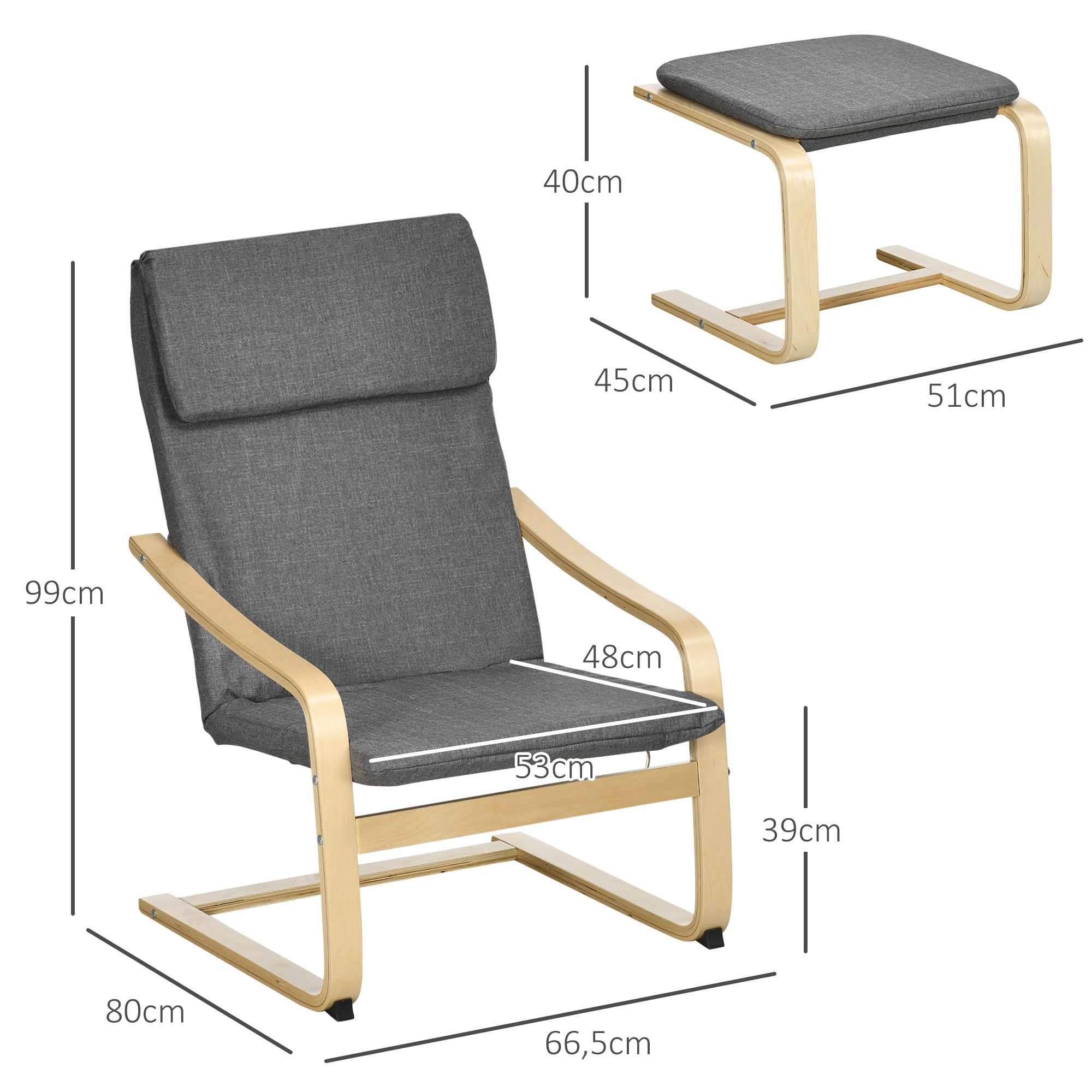 HOMCOM Relaxsessel mit Hocker Sessel Loungesessel mit Leinenoptik, Modern Fernsehsessel, Polstersessel Armlehnensessel für Wohnzimmer, Schlafzimmer, Grau