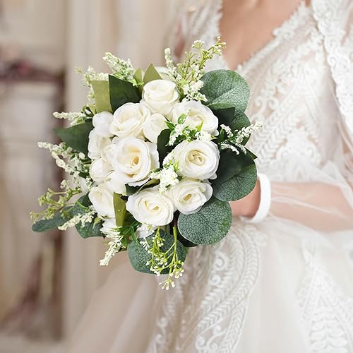 Miniatura 8 de Febou Ramos de boda de 9 pulgadas para novia, dama de honor, ramo de novia, ramo de rosas artificiales para ceremonia de boda, fiesta, iglesia (rosa)