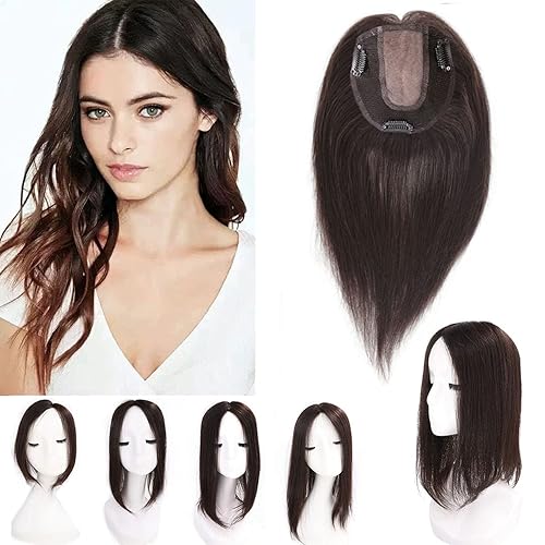 Extensiones de cabello humano Remy corto y lacio, parte superior, con base mono, para añadir volumen de 3.5 x 3.9in, hechas a mano, con clip de