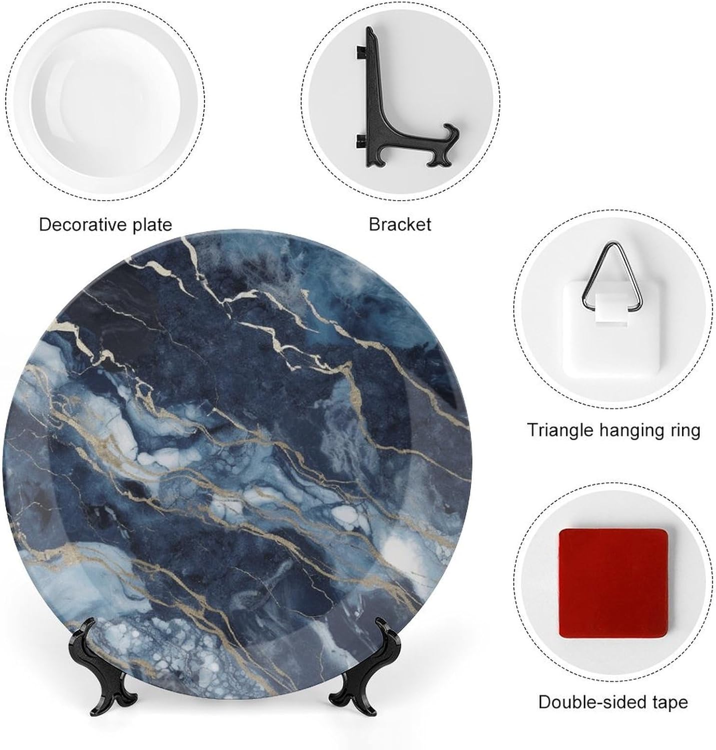 Ceramic Marble Navy Blue Mixed Decorative Plate for Wall Hanging 10inch Large Bone China Dinner Plates with Display Stand Porcelain Art Dish for Home Kitchen Office Wedding Gift Farmhouse Decor​​