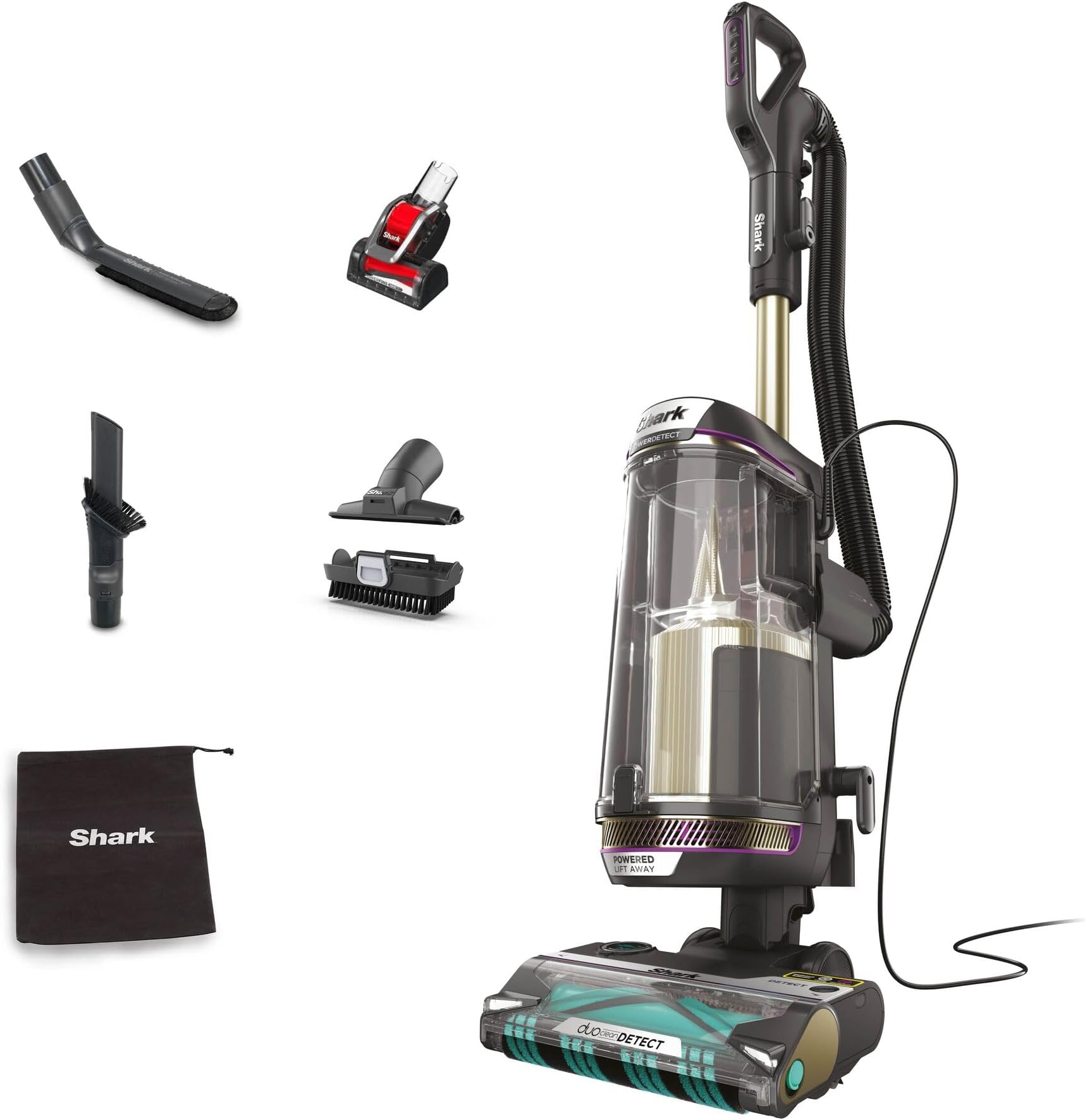 Shark PowerDetect Corded Upright Vacuum Cleaner, DuoClean Detect, Reverse Clean, Anti Hair Wrap Plus, Anti-Allergen, 8m Cord, 1.3L, Dusting Brush, Pet, Crevice, Multi Surface Tools & Bag, AZ3900UKTBK