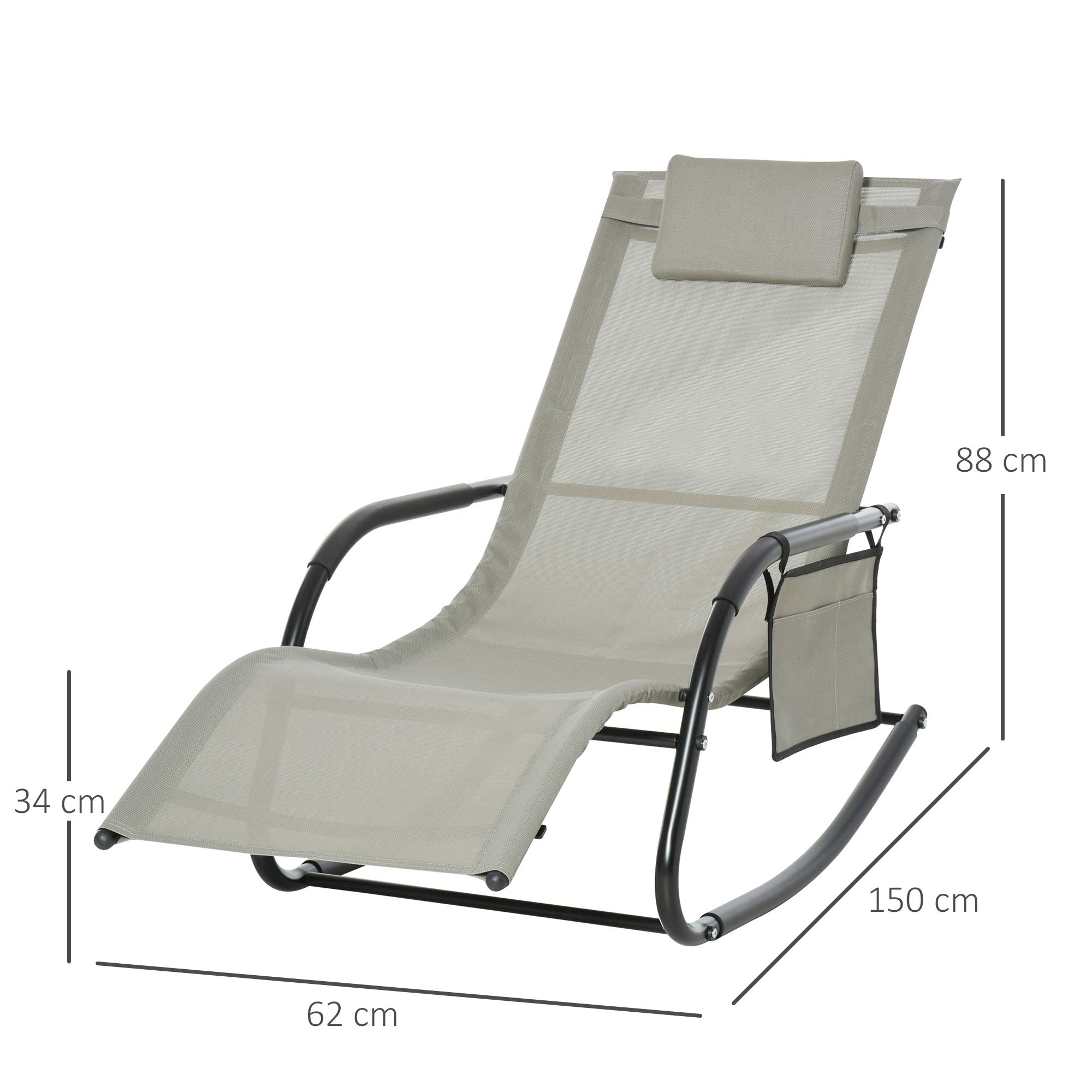 Outsunny Poltrona a Dondolo da Giardino, Lettino Sdraio da Esterno con Poggiatesta e Tasca Laterale, 150x62x88 cm, Nero e Grigio