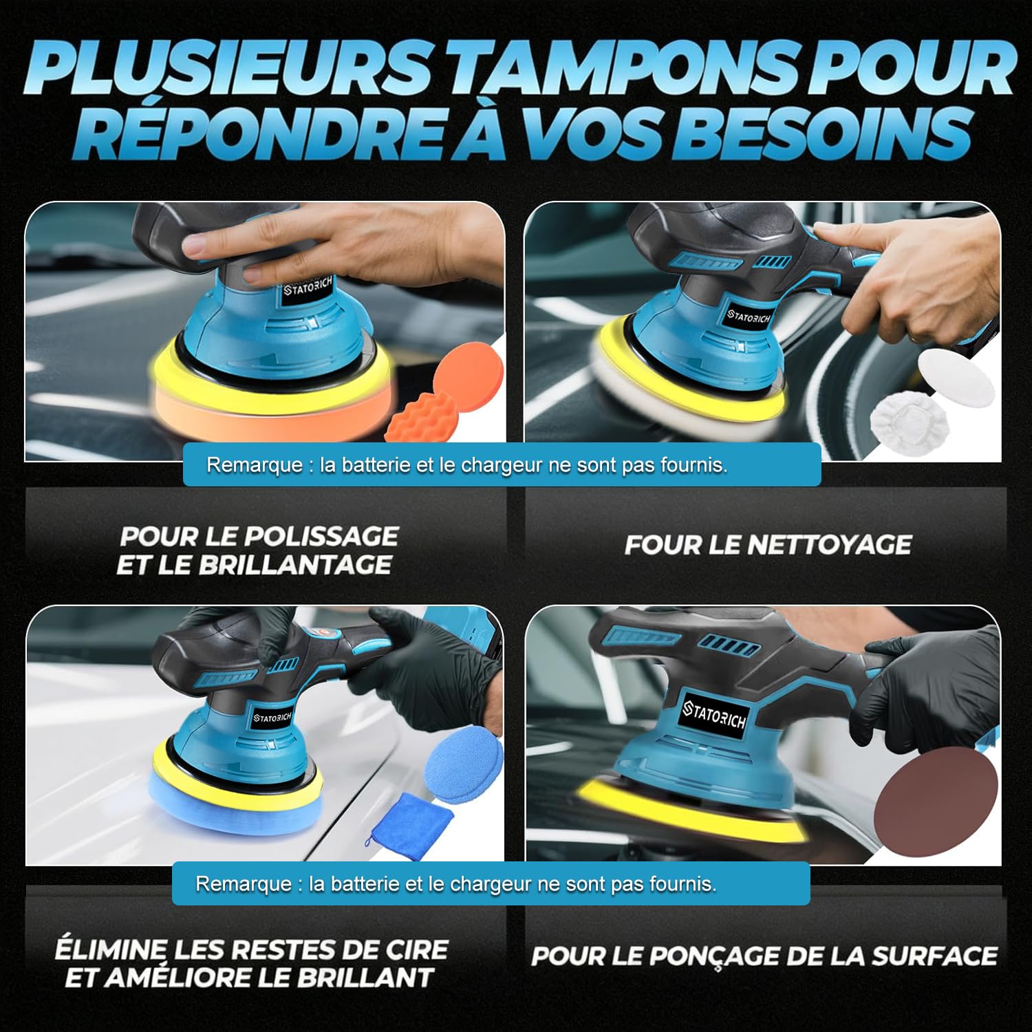 Polisseuse Voiture Sans compatible avec Makita 18 V, 8 vitesses (2800-6000 tr/min), 27 pièces poignée amovible des Voitures et Des Bateaux, Polissage,Cirage et Finition des Voitures(Sans batterie)