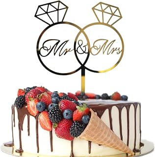 Gold MR & MRS Acrylic Cake Toppers - Diamond Ring Shape Decorations for Couples, Proposals, Weddings, and Anniversary Cakes