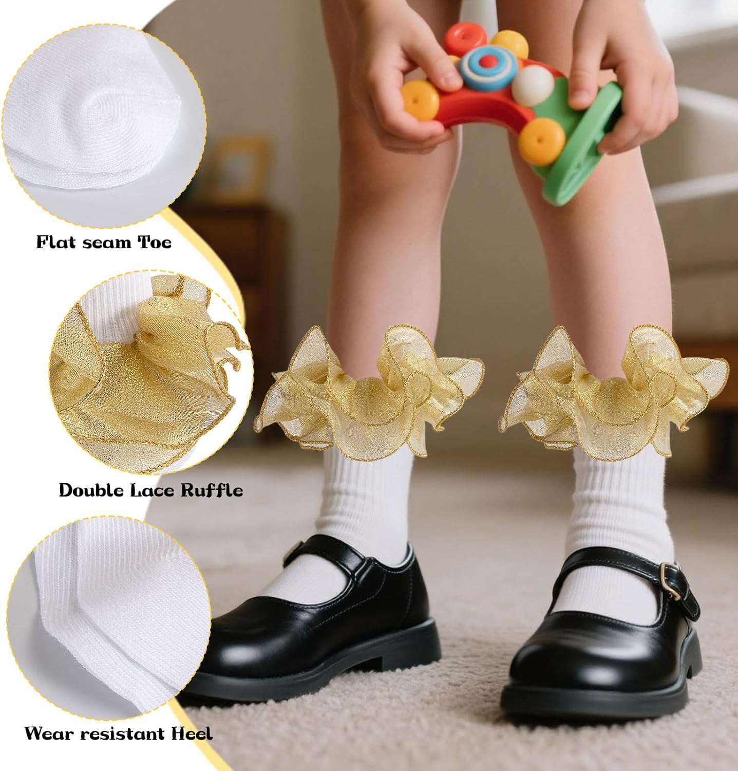 1 Pair Girls Ruffle Socks Toddler Girl Gold Silver Glitter Double Lace Frilly Dress Socks Turn Cuff Pageant Sock Kids - Image 4