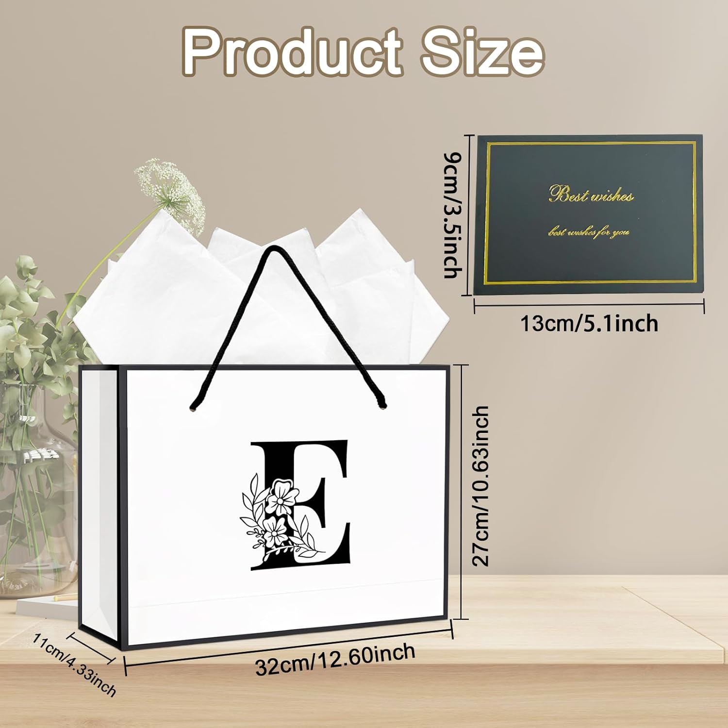 Alphabet Birthday Gift Bag, Initial Gift Bag with Card and Tissue Paper for Men Women, Large Black White Personalized Bow Bags for Bridal Party, Wedding, Graduation, Birthday Gifts Bags (Letter M) - Image 2