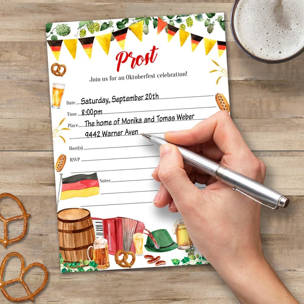 Watercolor Oktoberfest German Party Invitations, Set of 20 Fill-in Blank 5x7 Inch Invites and Envelopes