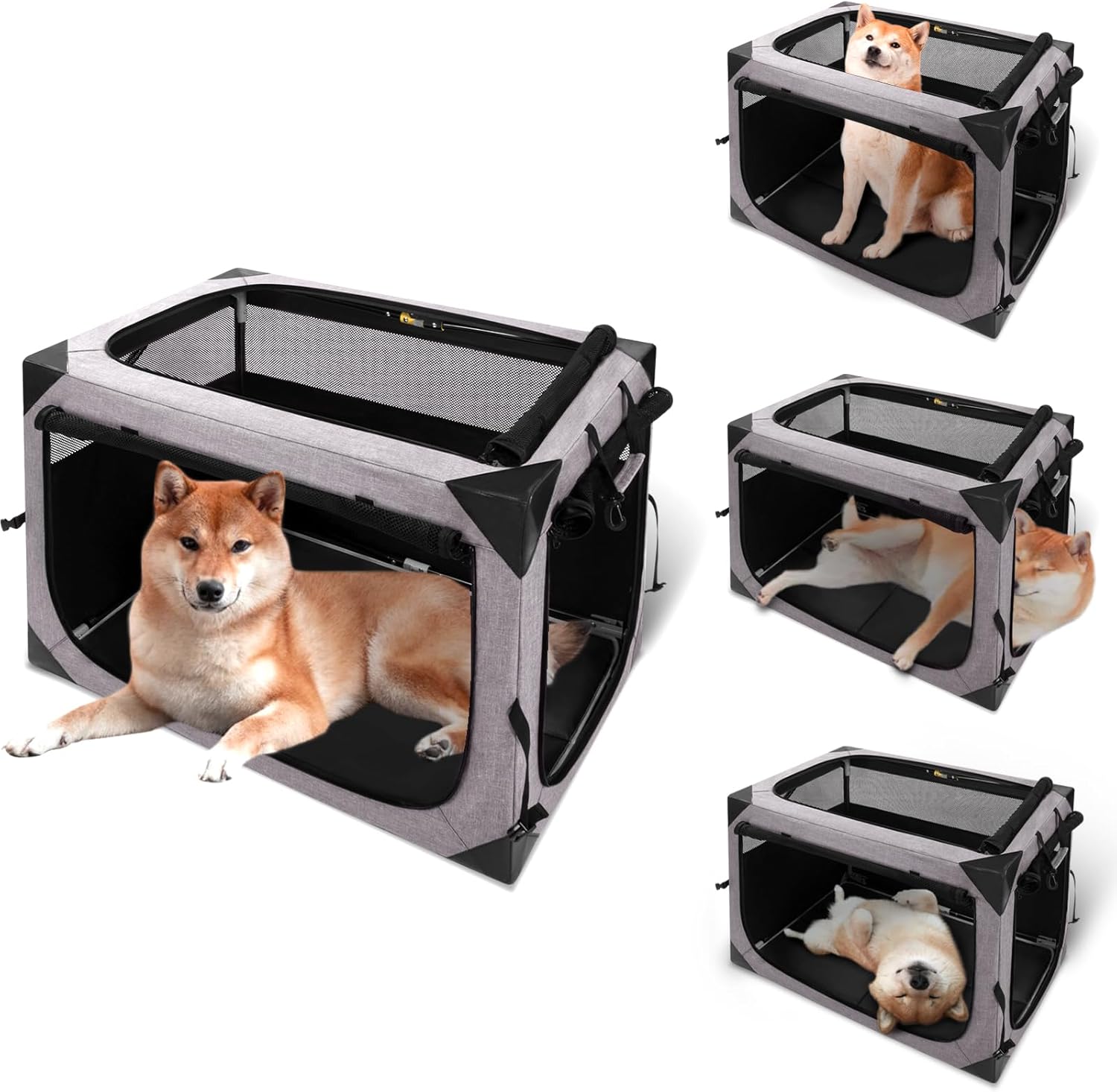 dog crate,36x25x25 inch large dog crate for large or medium dogs, portable and foldable design of dog cage, perfect for travel or home use, dog kennel with 3-door and durable mesh windows, light grey