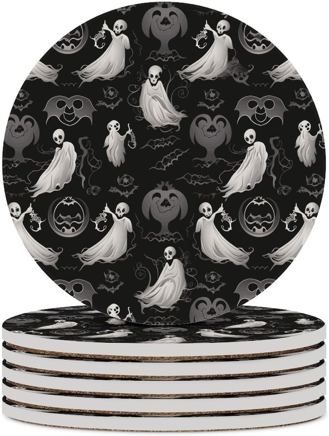 6PCS Halloween Goth Coasters Non-Slip Round Drink Coasters with Ceramic Stone and Cork Base, Heat Resistant Absorbent 33.00Stone Coaster Set for Kinds of Mugs and Cups, 4 Inch