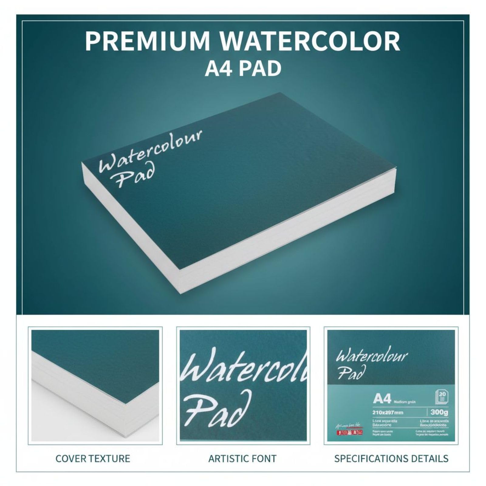 A4 Aquarellpapier Block, 300 g/m², 20 Blatt, einseitig geleimt, mit Baumwollzellstoff, säurefrei, dickes kaltgepresstes Aquarellpapier für Aquarell und Buntstiftmalerei