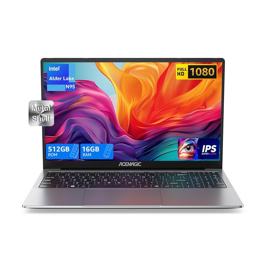 15.6 Inch Laptop, Quad-Core N95 CPU Up to 3.4GHz, 16GB RAM 512GB SSD, Full HD Display, Backlit Full-Size Keyboard, Numeric Keypad, 5G WiFi, BT5.0/Type-C/TF/HDMI/USB, Notebook Computer for Work/Study