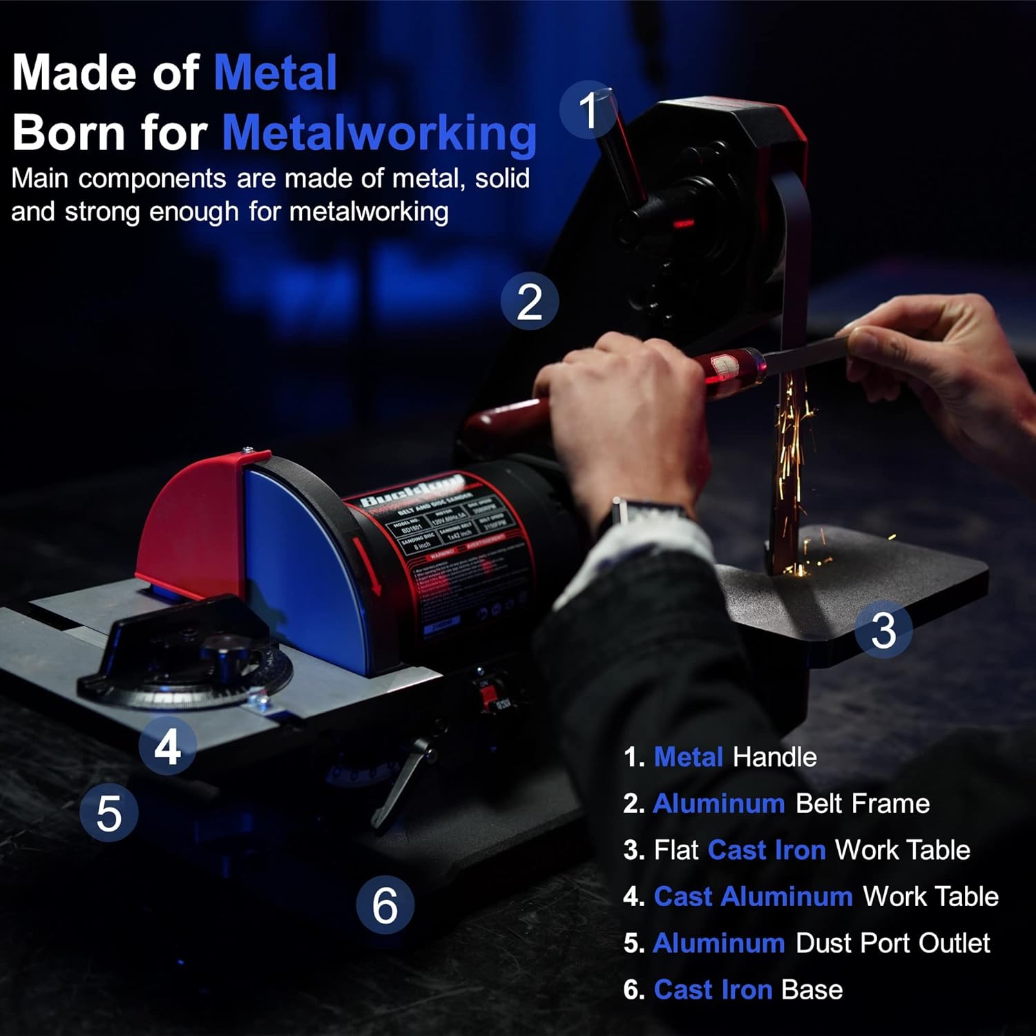 BUCKTOOL Combo 1" x 42" Belt Sander 8" Disc sander, Knife Sharpener with Large Work Table, Professional Bench Belt Disc Sander with 3/4HP Direct-drive 5.0A Brushless Motor for metalworking, BD1801 - - 