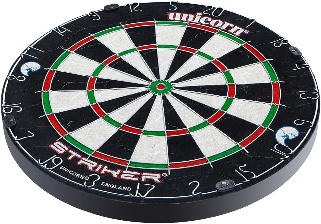 Unicorn Striker, Classic, and Contender Bristle Steel Tip Dartboard Models - Recreational-Quality Bristle Dartboard - Rotatable Metal Number Ring - Slim Wire Fasteners to Reduce Bounce Outs