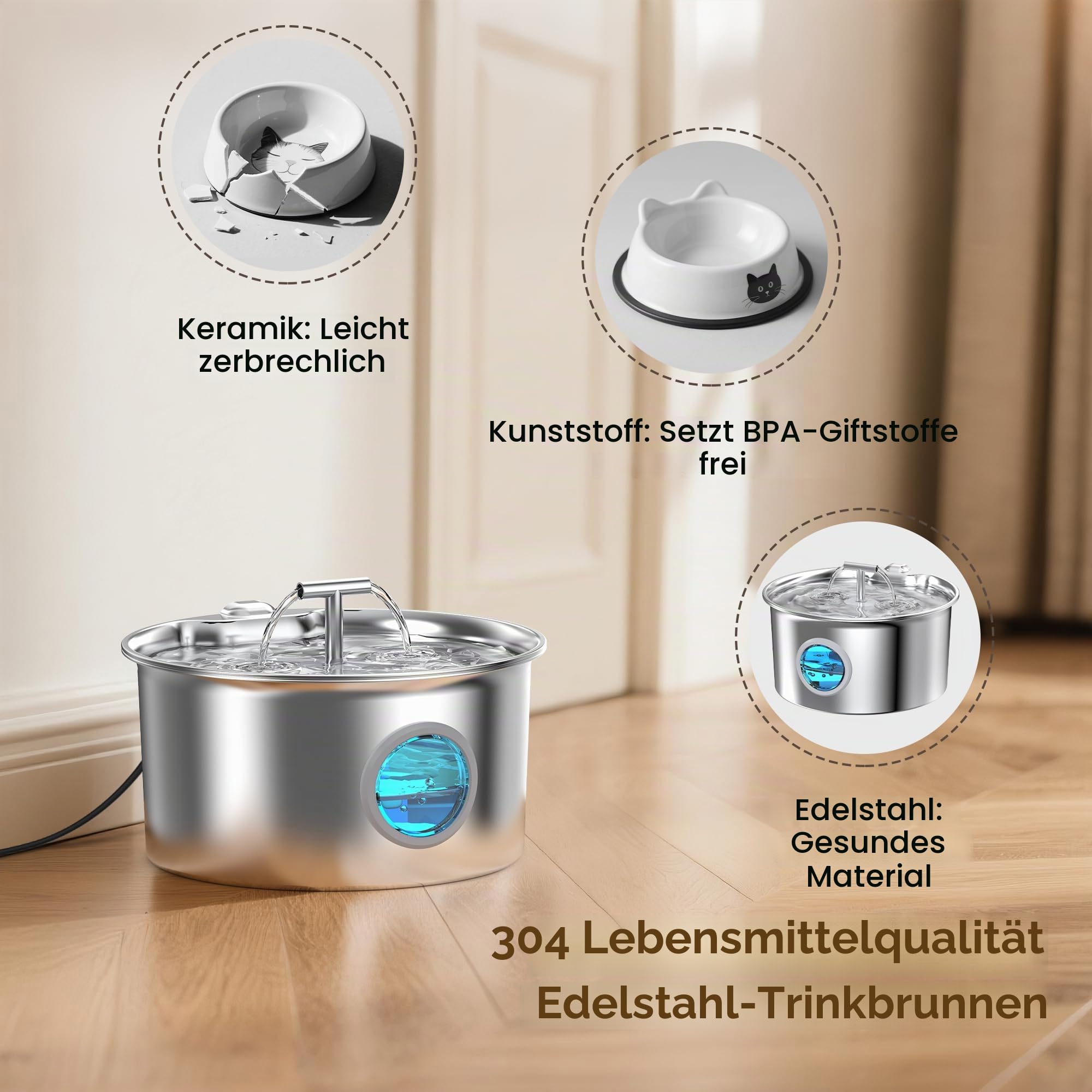 Katzenbrunnen Edelstahl Katzen Trinkbrunnen: Trinkbrunnen für Katze - 2.6L leiser Katzenbrunnen für Katzen - mit 6 Kohlefilters + 3 Schwämmes - Wasserstandsfenster mit LED-Beleuchtung