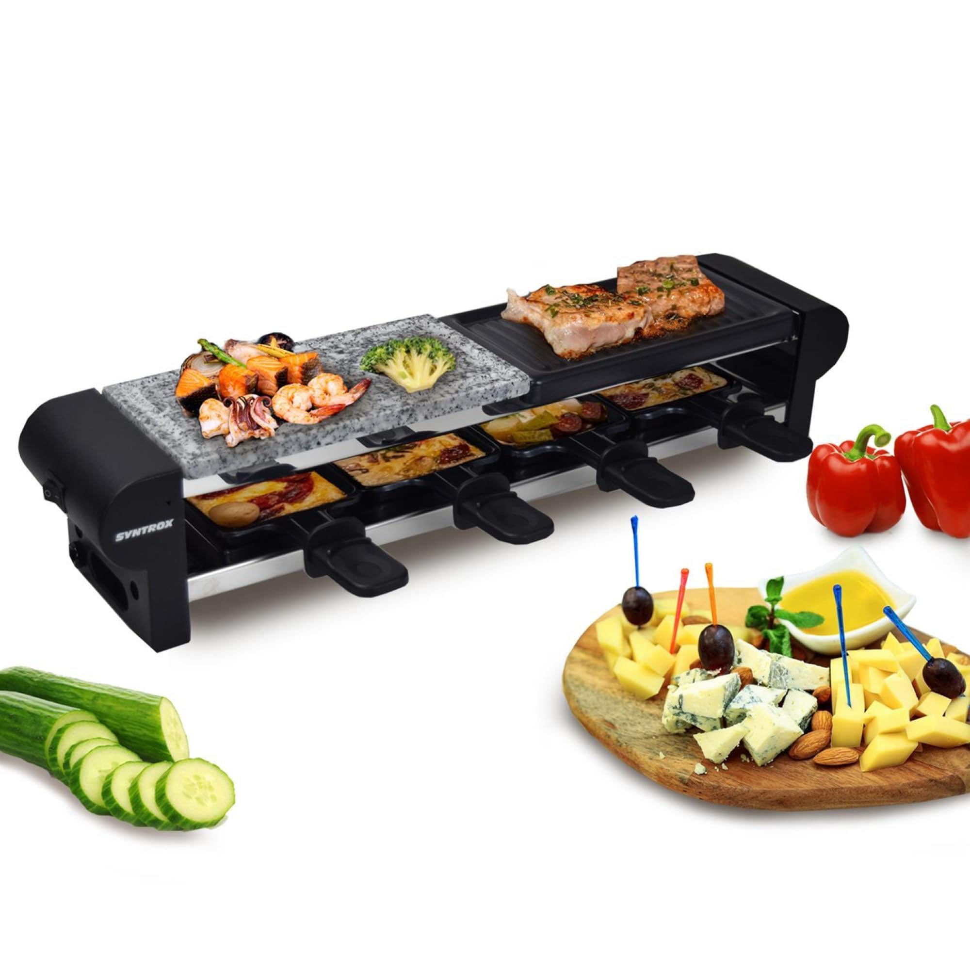 Syntrox Germany Raclette-Grill Thurga, Raclette Set für vier Personen, Antihaftbeschichtung für einfache Reinigung, Geteilte Platte mit heißem Stein und Grillplatte