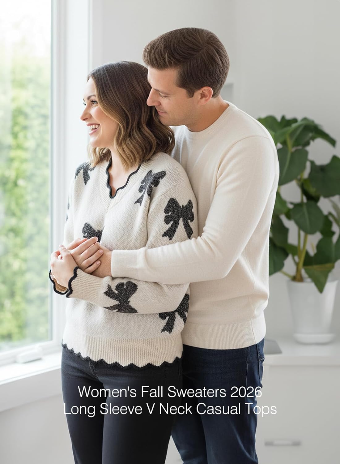 Dokotoo Women's Fall Sweaters 2025 Long Sleeve V Neck Casual Tops Ribbed Knit Comfy Fuzzy Pullover Floral Sweater - Image 3