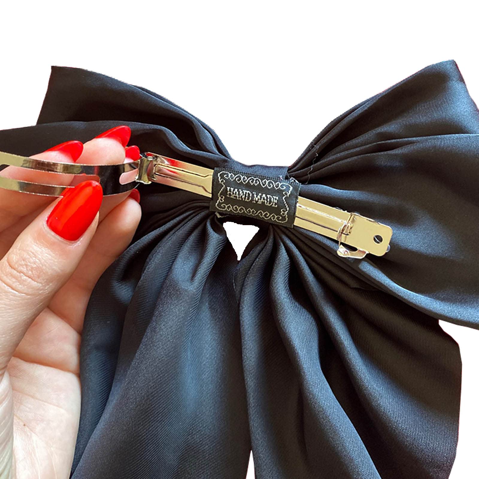 Golden Apple 2Pcs Super Big Bow Hair Clips French Style Soild Color Knotted Bowknot Spring Snap Barrettes Hair Clips with Long Ribbon for Women Girls (WineRed+Black) - Image 4