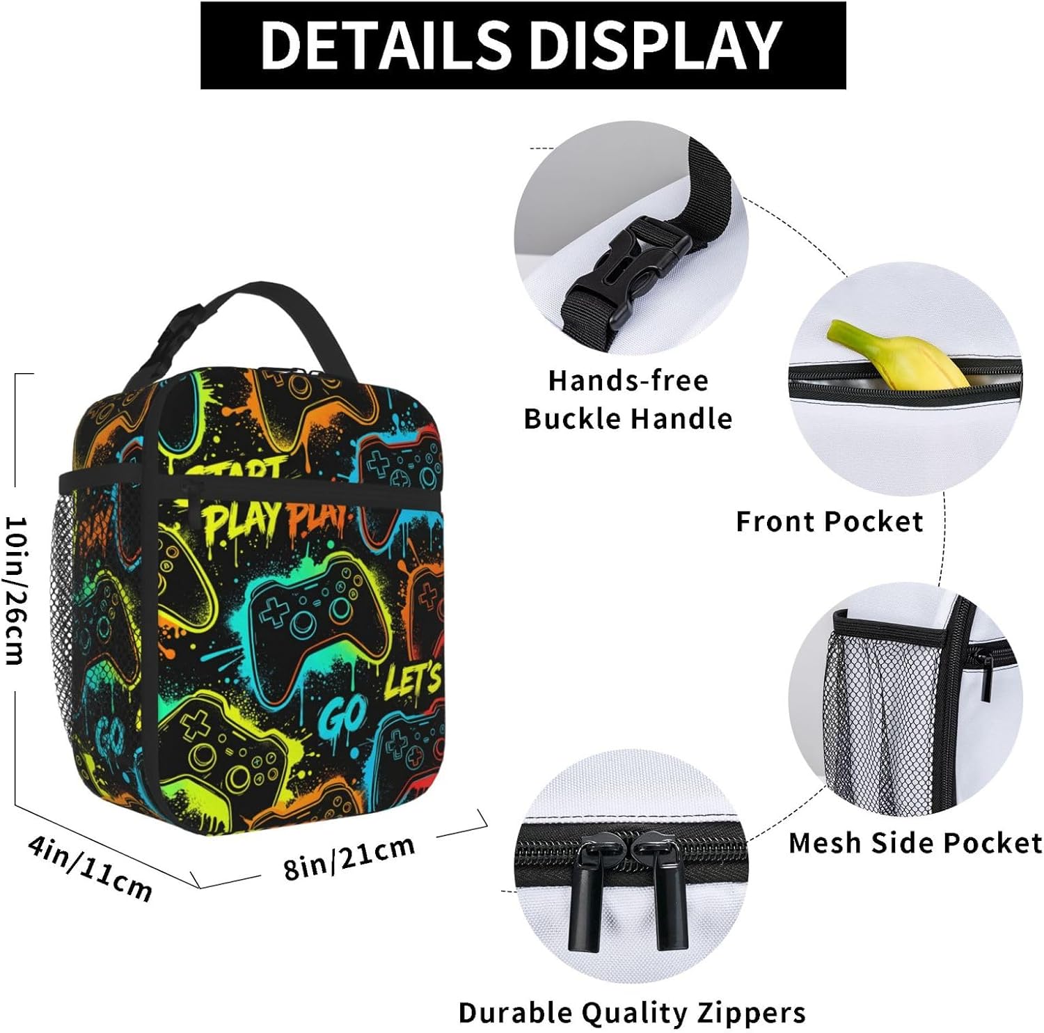 YETTA YANG Colorful Neon Video Game Cool Portable Lunch Bag Insulated Lunch Box Reusable Totes For Women Men Work Picnic Camping