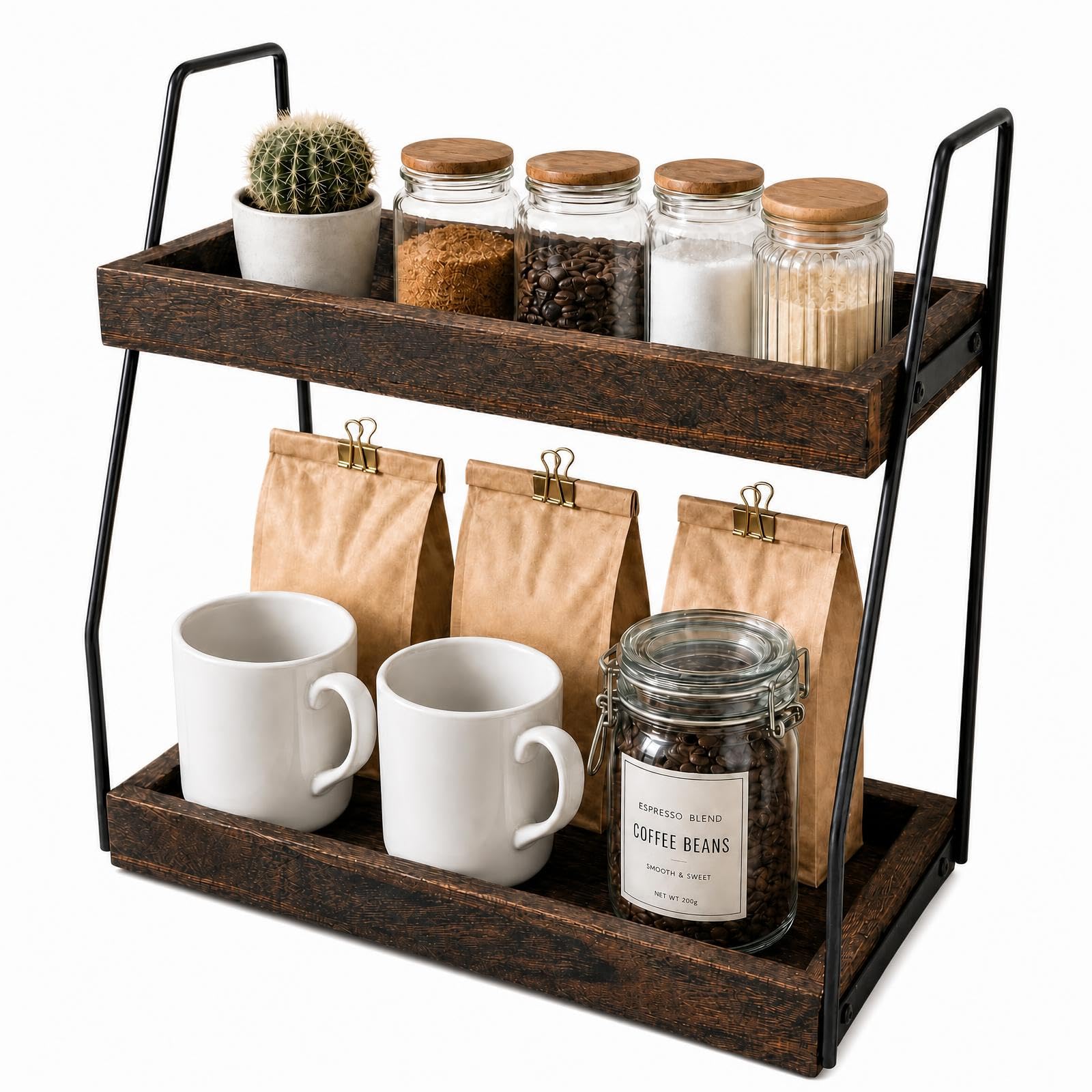 XUDREZ Kaffee Organizer, 2-stöckig Kaffeebar Zubehör Organizer Holz kaffeestation tassenregal, Küchenorganizer Gewürzregal Holz Gewürzaufbewahrung für Küche, Zuhause, Büro