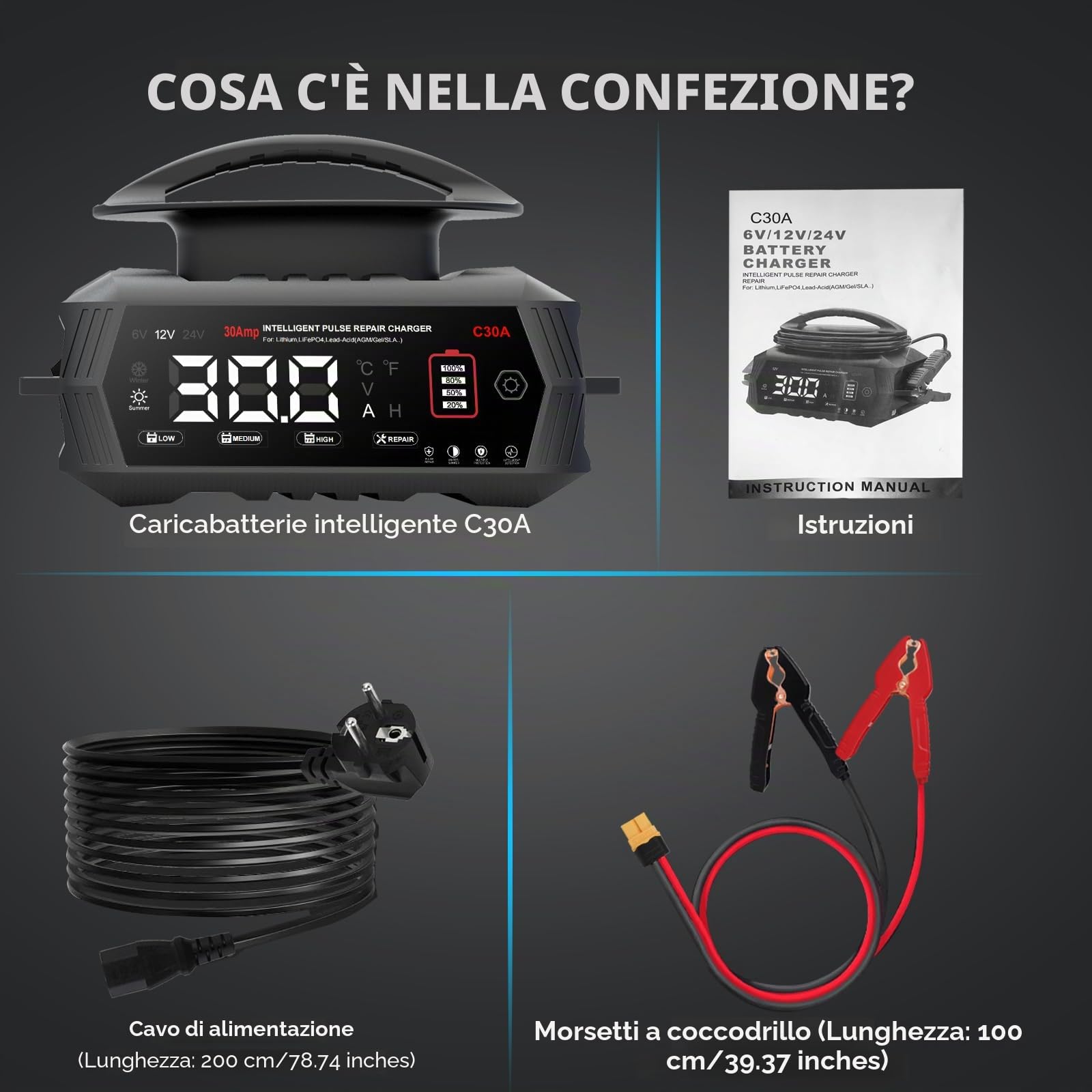 Caricabatterie per auto da 30 A, Haisito 6 V/12 V/24 V, caricabatterie e supporto per AGM, Gel, SLA, EFB e LiFePO4, caricabatterie automatico a 9 livelli con display LCD per auto, moto