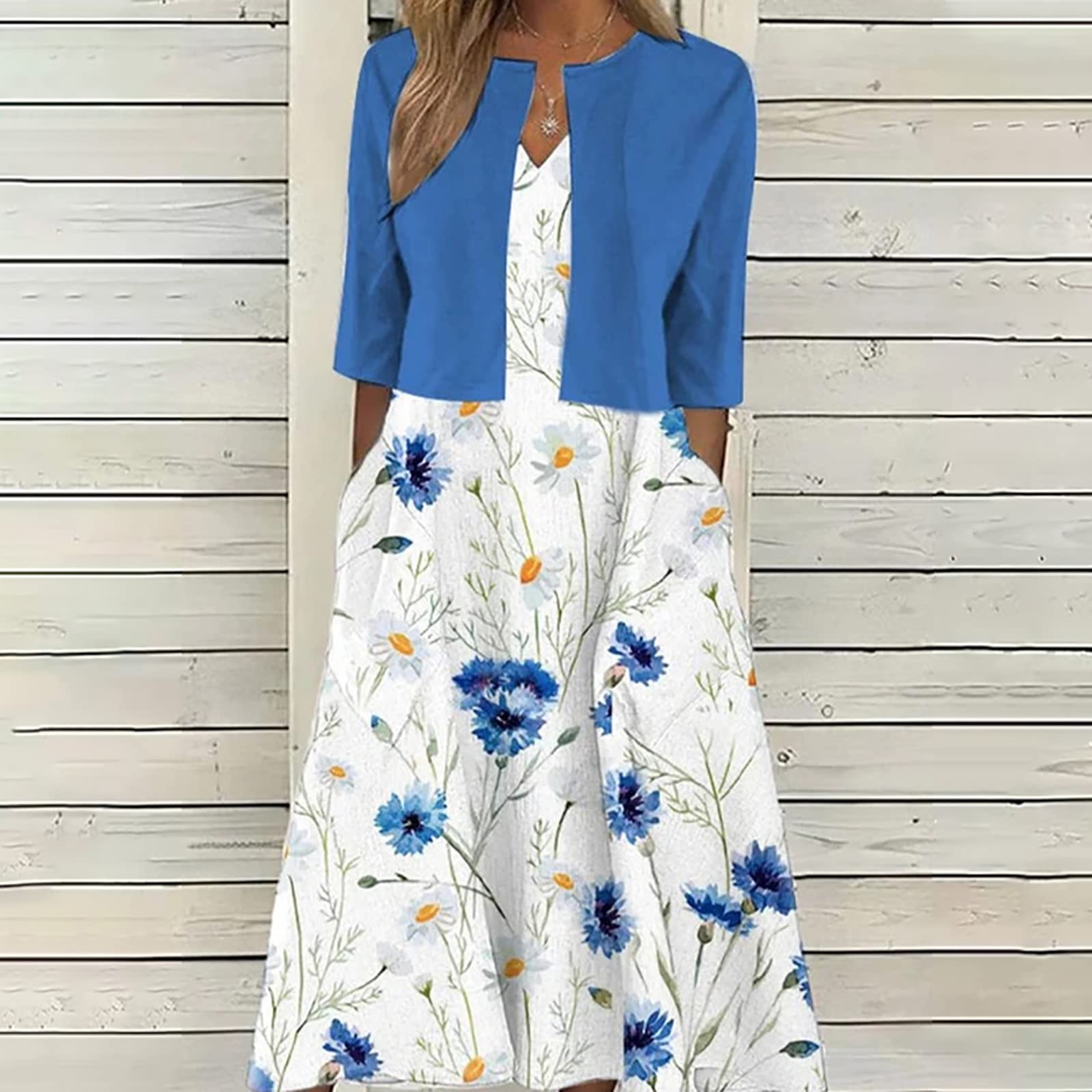 Keepink Zweiteiliges Kleid für Damen, bedruckt, V-Ausschnitt, Sonnenkleider mit halben Ärmeln, Cardigan, Tops, Set, elegante Sommer-Outfits, Arbeit, Büro, Hochzeit, Gast, Brautjungfernkleider, Größe
