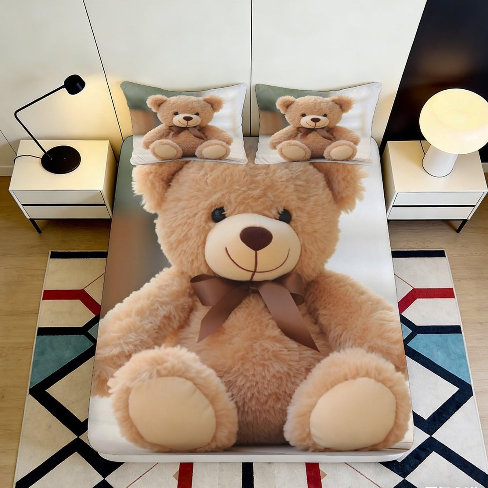 3D Printed Cute Teddy Bear Fitted Sheet Microfiber Soft Breathable Cartoon Plush Bed Cover for Bedroom Dorm Decor 90x200x25cm