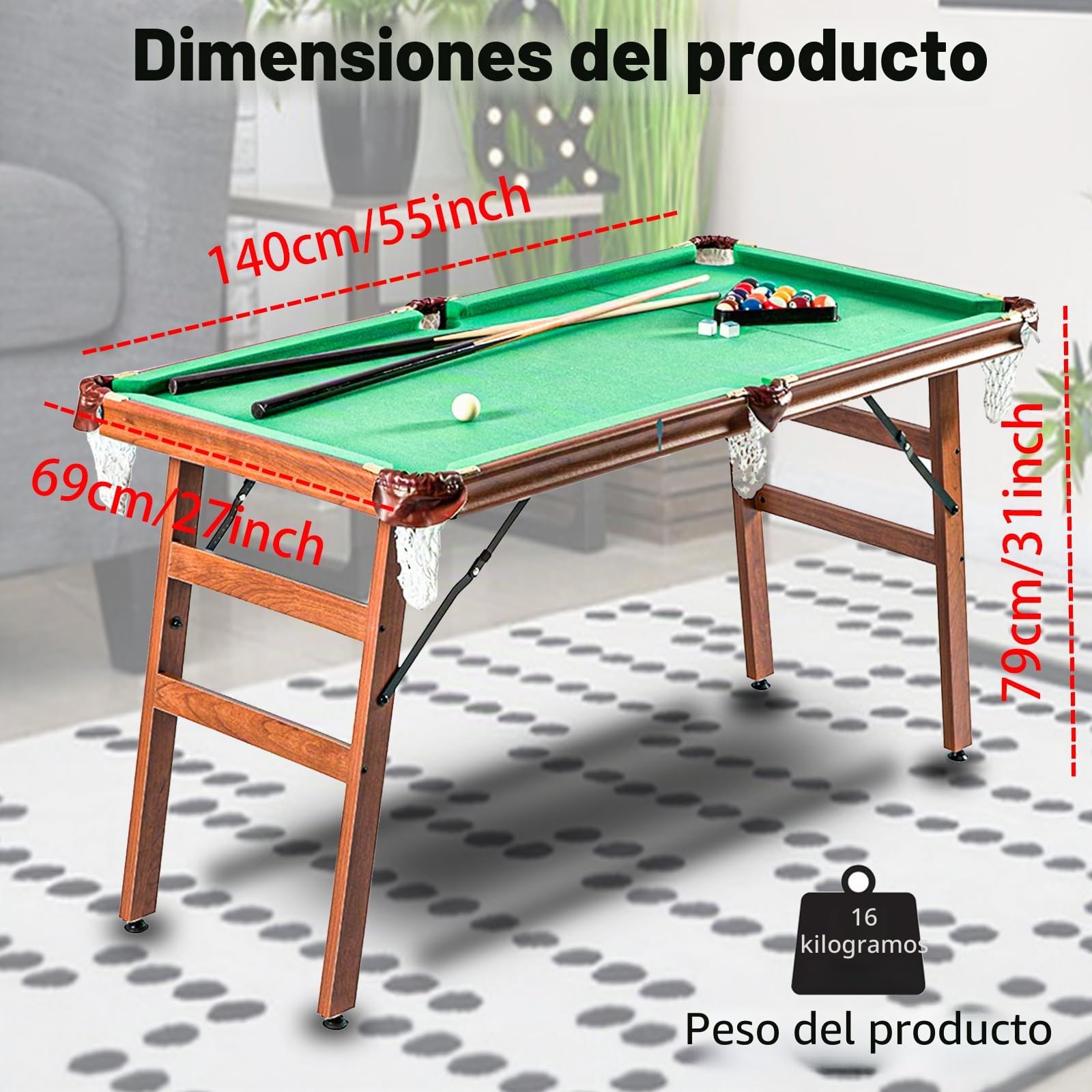 Mesa plegable de billar, mesas de billar para pool y snooker con accesorios, juego de mesa para 2-4 jugadores, 140 x 74 x 80 cm.