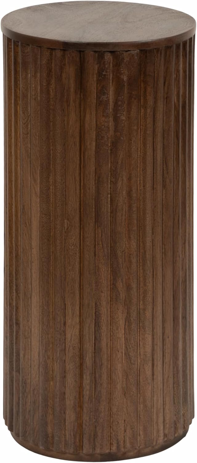 Kate and Laurel Reid Modern Wooden Ribbed Drink Table; 10 x 10 x 22; Walnut Brown; Solid Wood Mini Table for Use as Pedestal Plant Stand Indoors or Small Nightstand Option