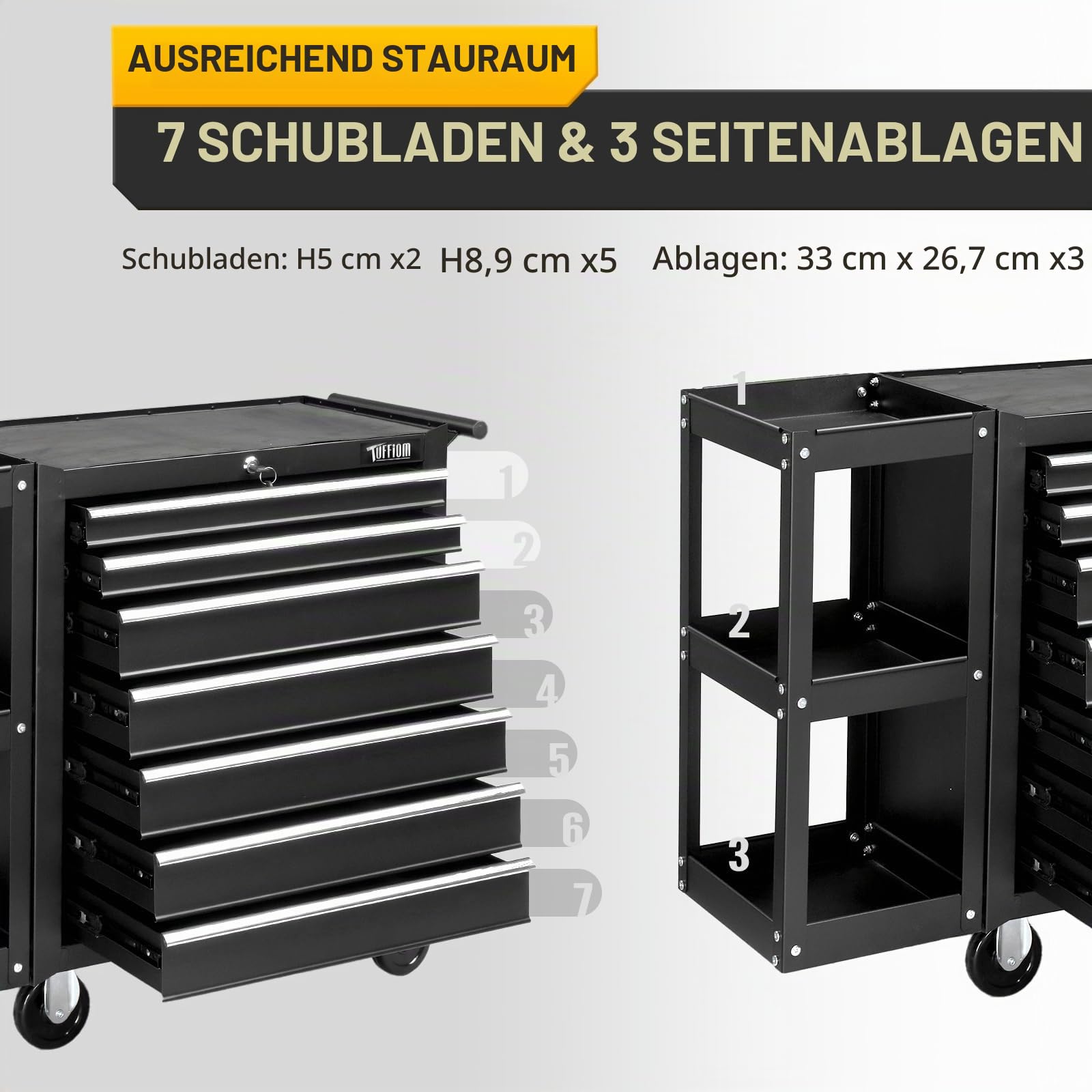 Bonnlo Werkstattwagen 7 Fächer mit Seitenregal, Werkzeugwagen leer abschließbar mit Griff & Rollen, Werkzeug-Wagen Rollwagen für Werkstatt, Garage, Lager, Rot