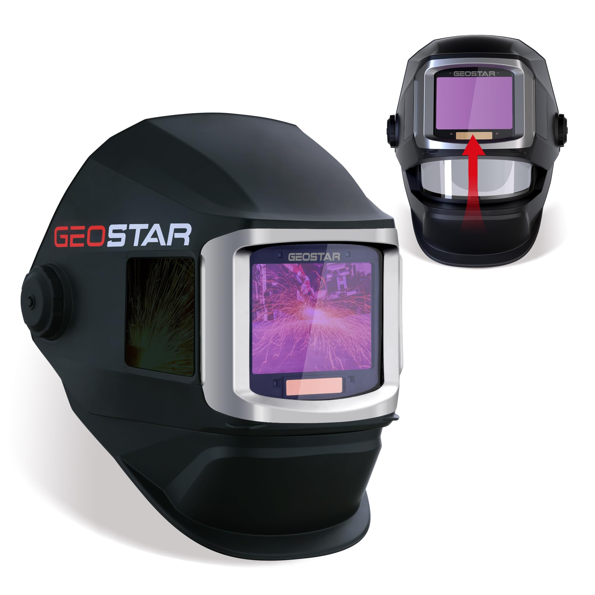 GEOSTAR Auto Darkening Welding Helmet Flip Up Welding Helmet Large Viewing with Side View, True Color 4 Arc Sensor Solar/Battery Powered Welder Mask for TIG MIG MAG MMA