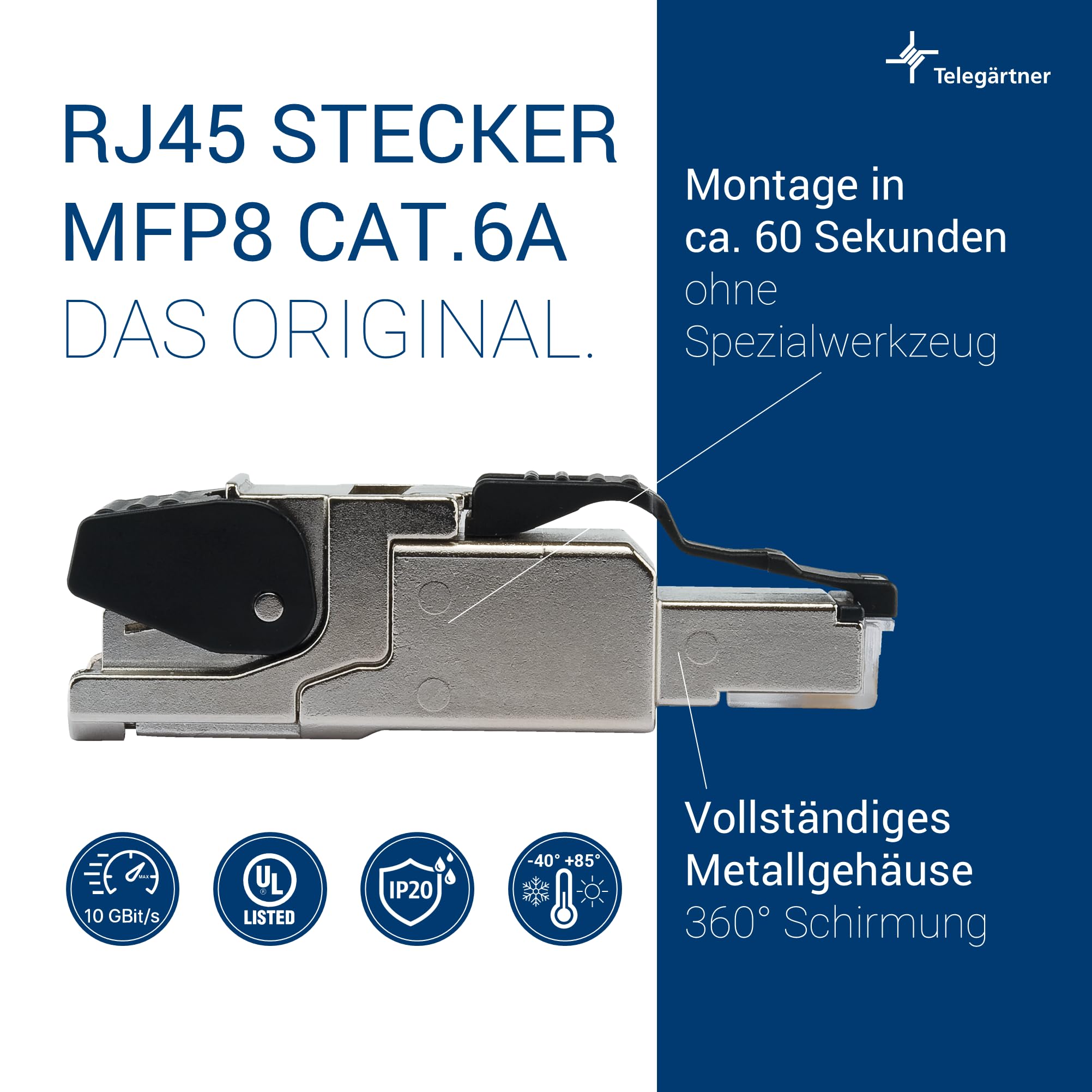 TELEGARTNER 12 Stück Feldkonfektionierbarer RJ45-Steckverbinder MFP8 Cat.6A, geschirmt, Vierkammer-Adermanager, Farbcodierung T568B, konfektionierbar vor Ort, IP20