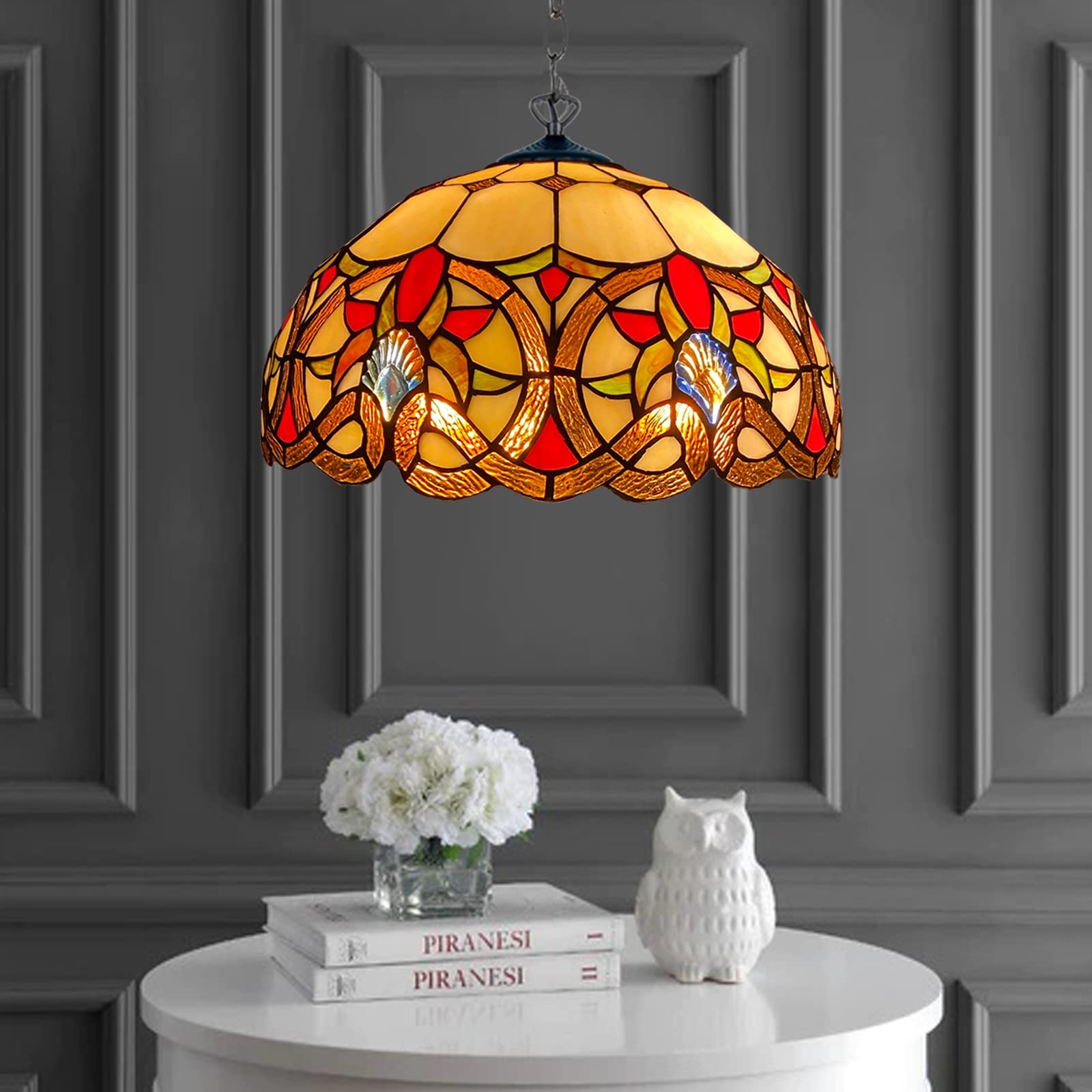 Auroh Multicolor Tiffany Pendant Light 16In Amber Floral Scroll - Stained Glass Shade