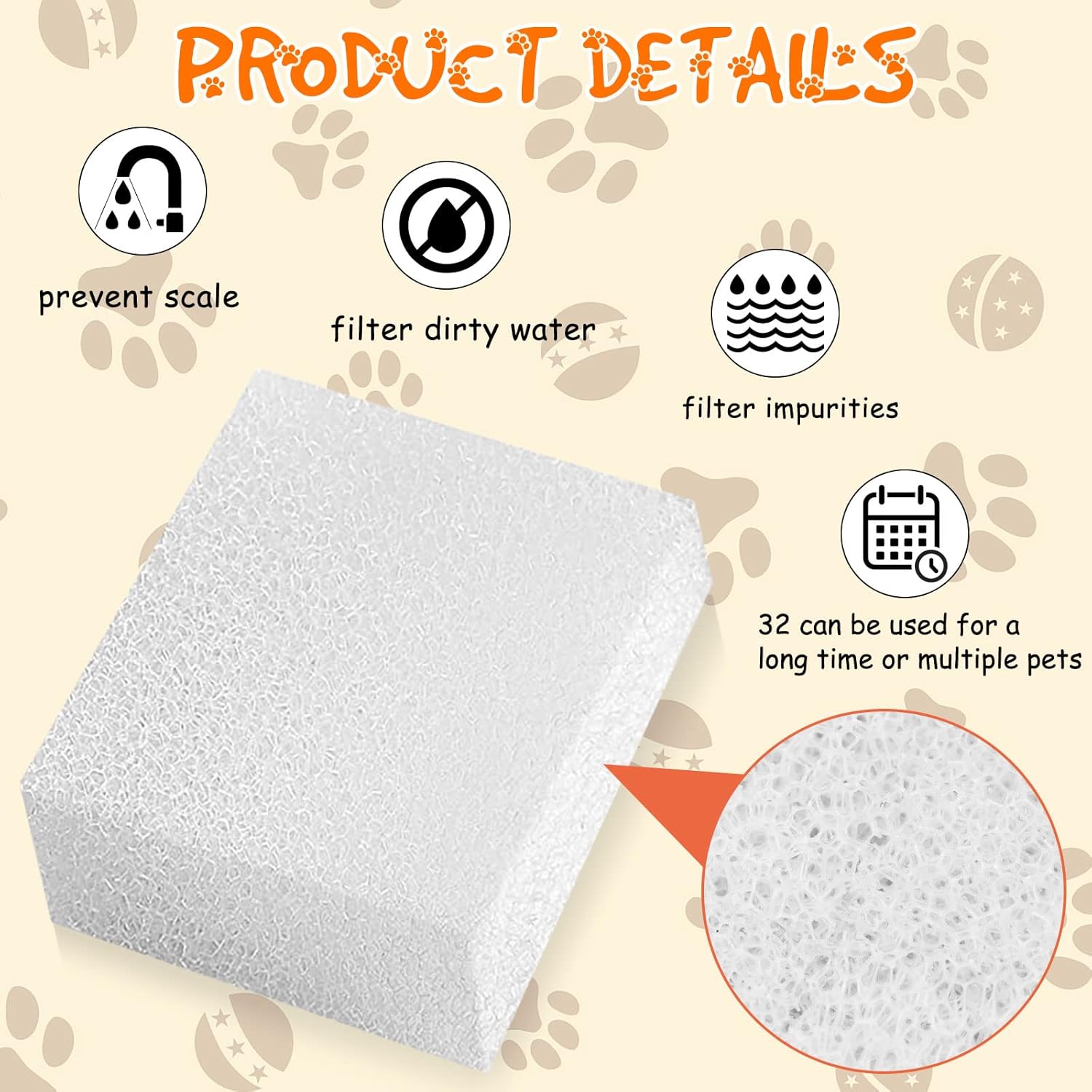 32 Pcs Pet Replacement Sponge Filters Pet Fountain Filter Foam for 67oz/ 2L Dog Cat Water Fountain Filters Pet Fountain Replacement Foam Sponge Pre-Filters for Multiple Pet Fountain - Image 3