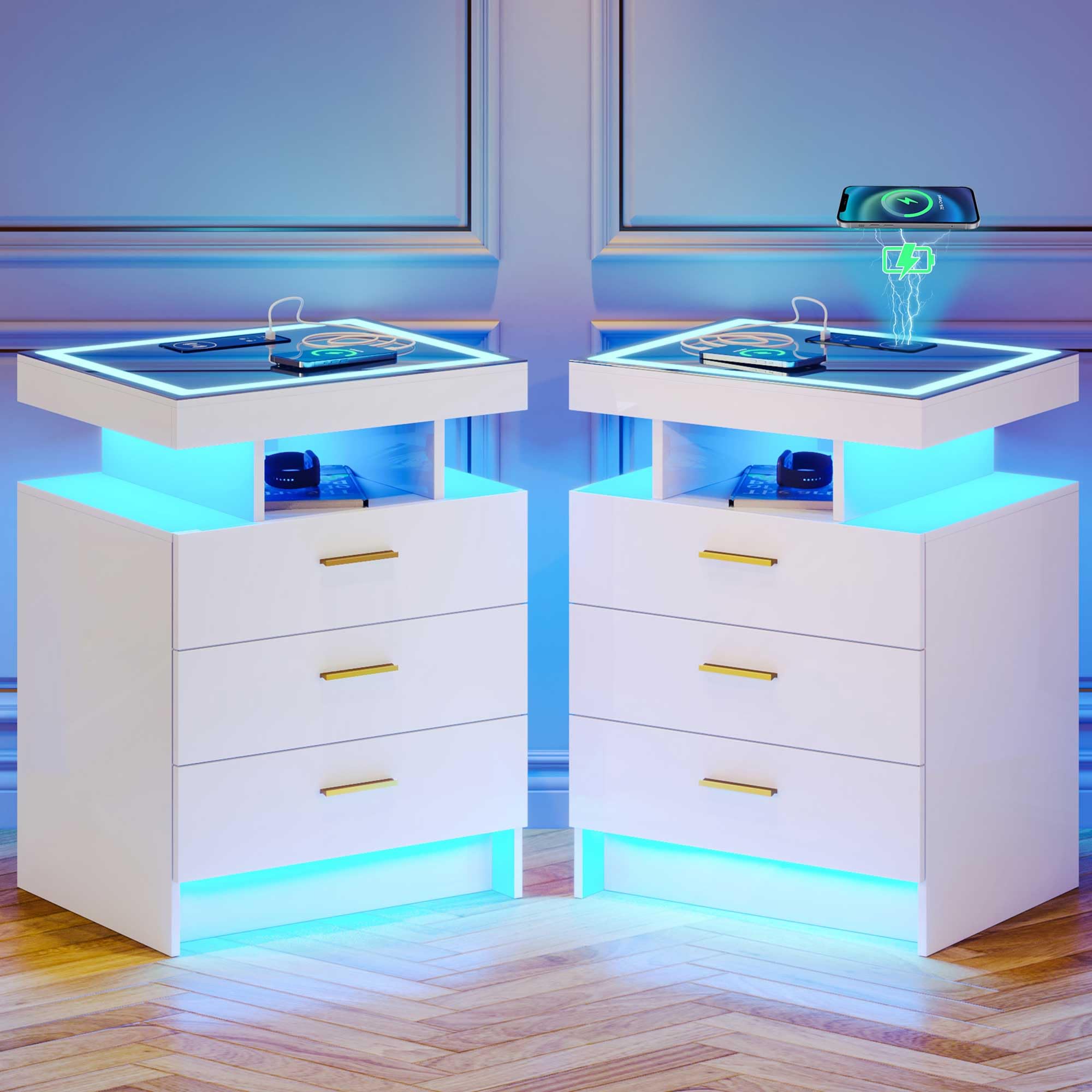 Lvifur Led 2er Nachttisch mit Ladefunktion,Smart Nachtschrank mit 3 Licht Dimmbar, Hochglanz Sideboard mit 3 Schubladen Type-C USB Automatischer Sensor Schlafzimmer Weiß