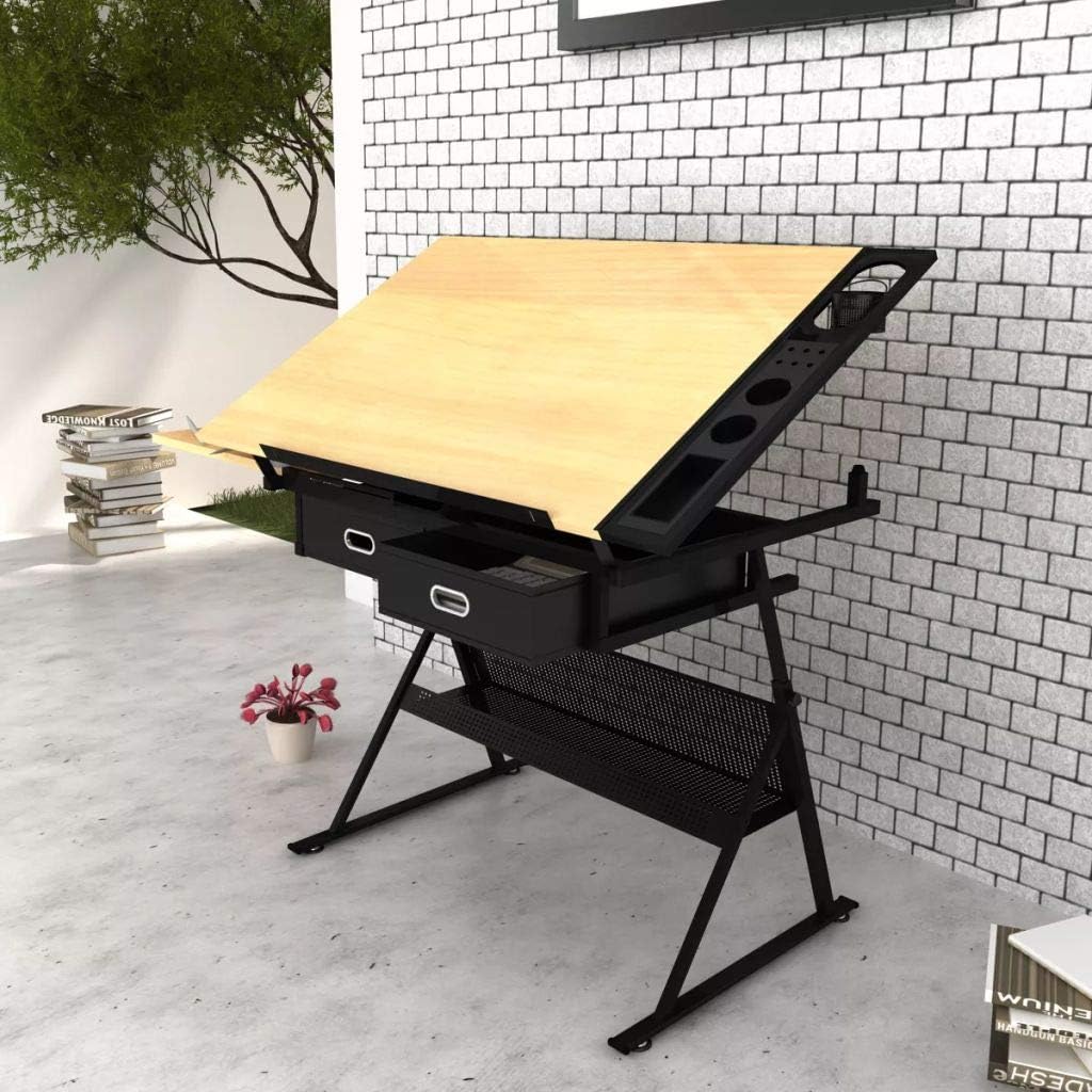 Adjustable Height Drafting Desk Two Drawers Tiltable Tabletop Drawing Table with Stool and Side Tray Beautiful Scenery