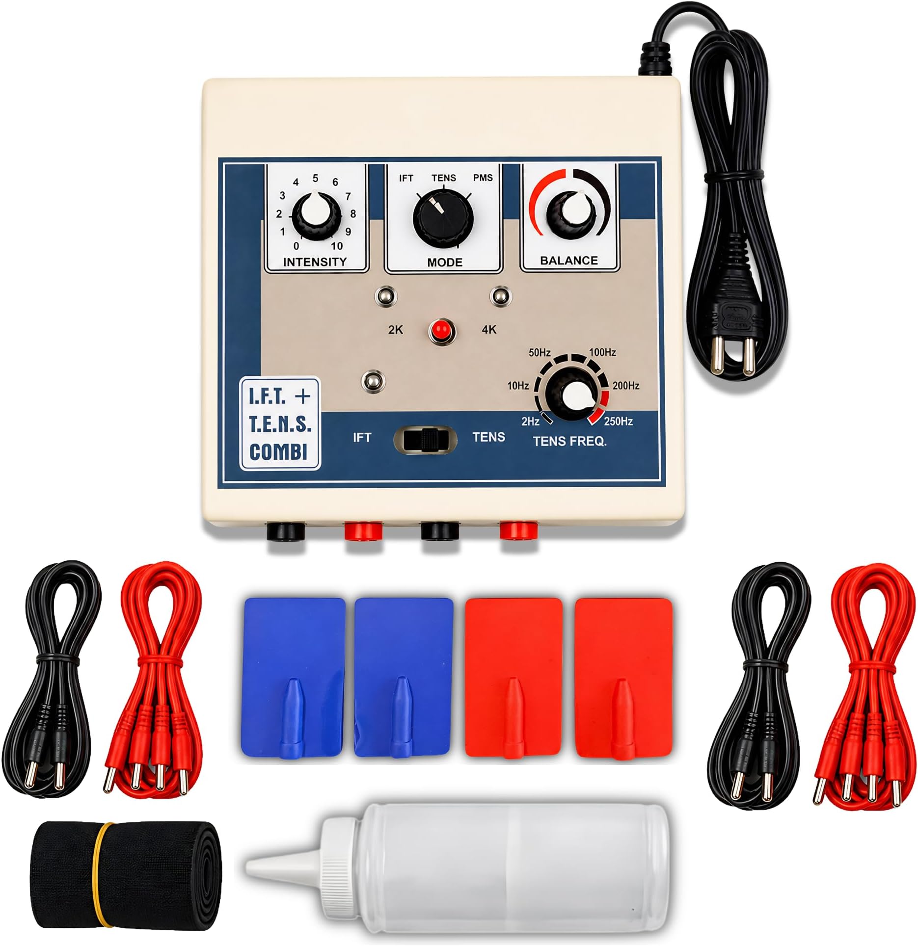 Interferential Therapy TENS Combination for Muscle Stimulation, Dual Channel Physiotherapy Machine with 4 Electrode Pads, 4 Output Cables, Power Cord, 15x15 cm