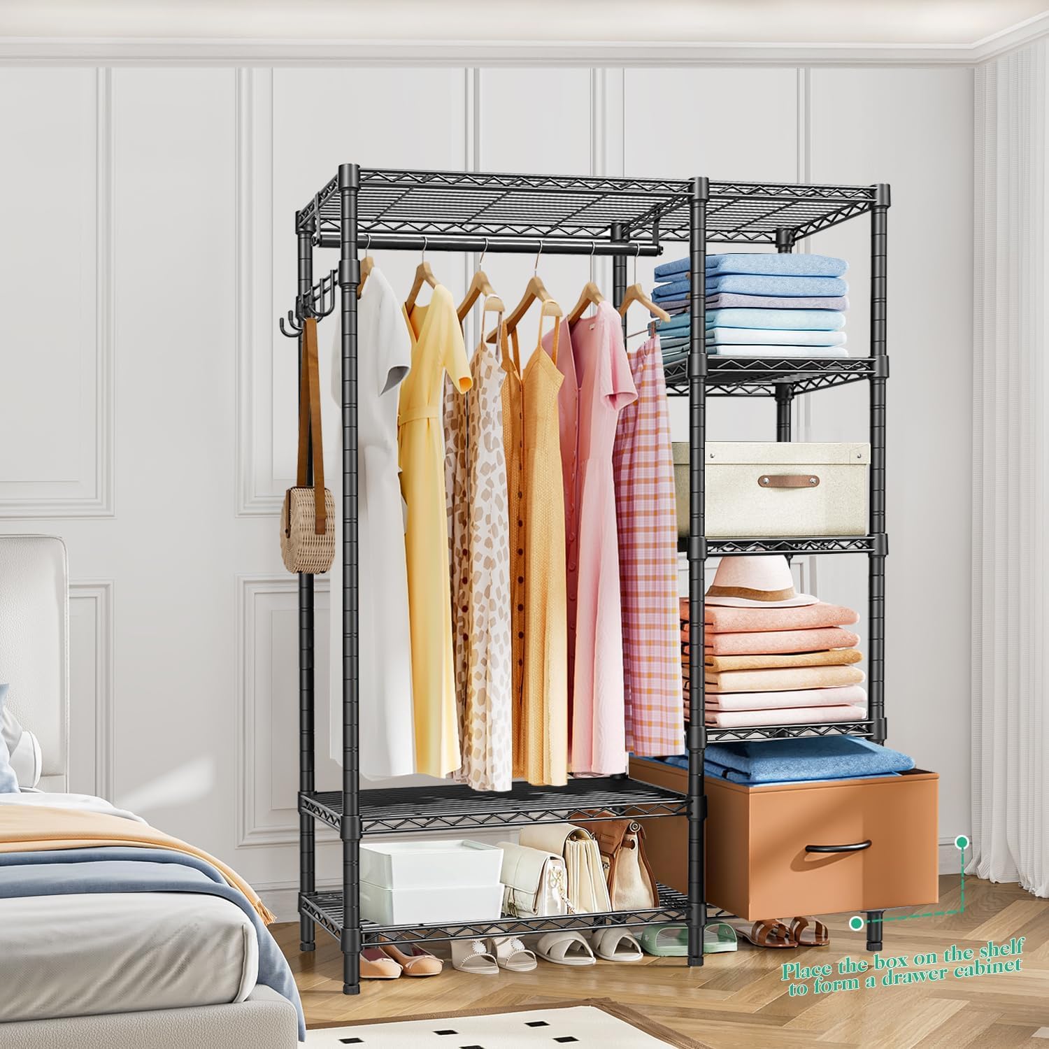 Armario Abierto Perchero con estantes Armario Abierto de alambre para ropa 6 niveles Vestidor de metal resistente para colgar ropa, 44.9 "L x 15.74 "W x 70.9 "H, Carga máxima 560LBS, Negro