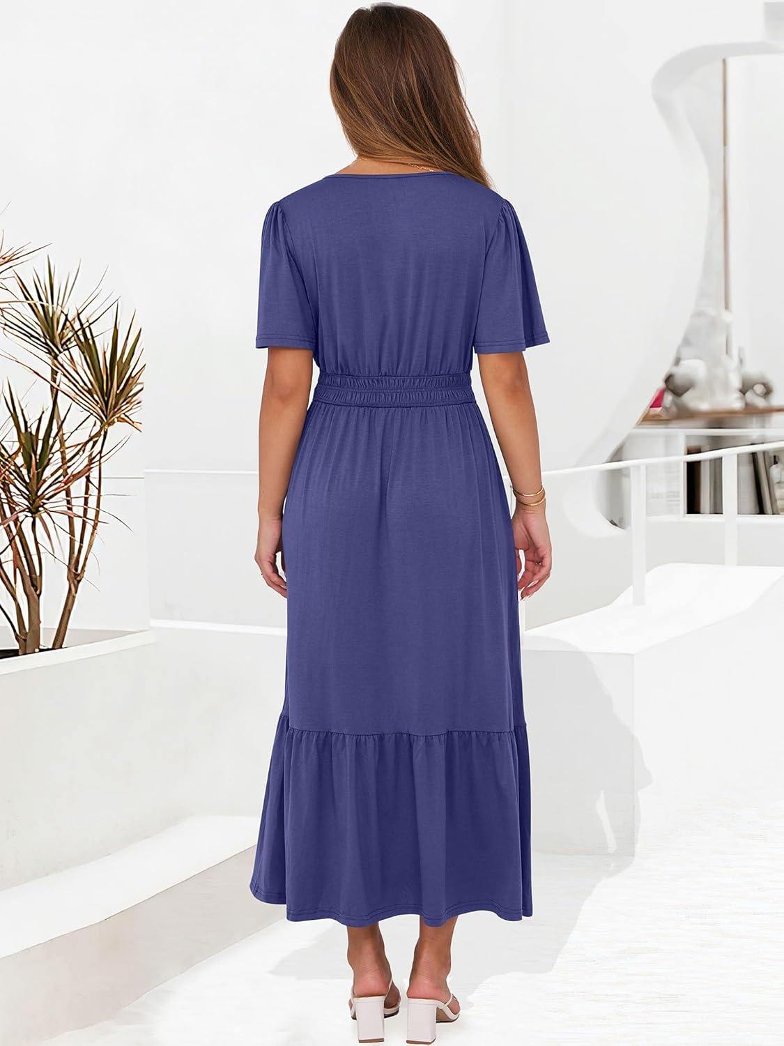 ANRABESS Women's Summer Short Sleeve Maxi Dress 2025 Casual V Neck High Waist A-Line Flowy Loose Tiered Boho Long Dresses - Image 5