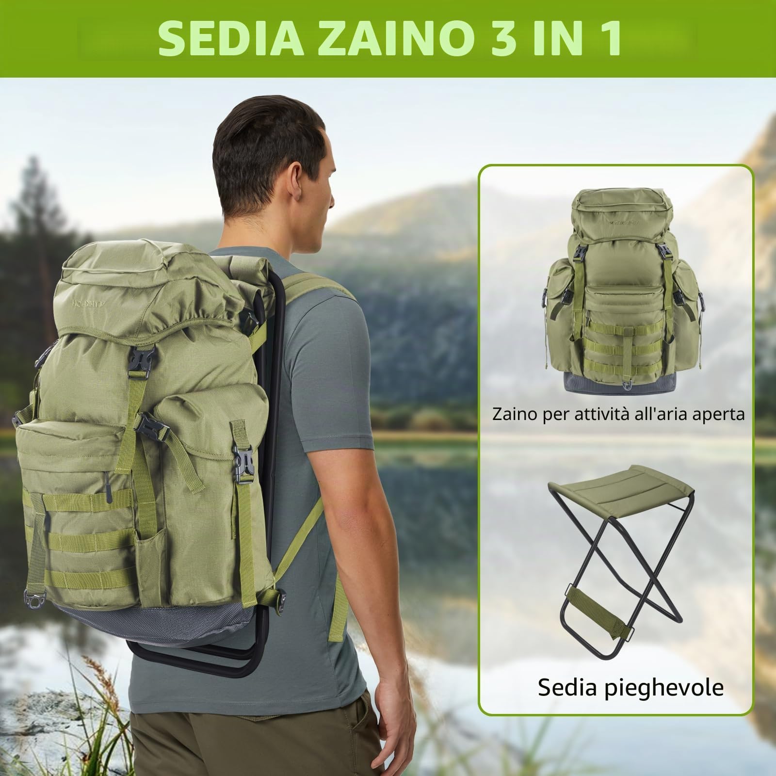 THKFISH 35l Zaino Da Pesca Idrorepellente Con Sedia, Zaino 3 In 1 Con Porta Canne, Tasca Portaoggetti, Sgabello Portatile, Per Pesca All'Aperto, Campeggio E Caccia, Verde