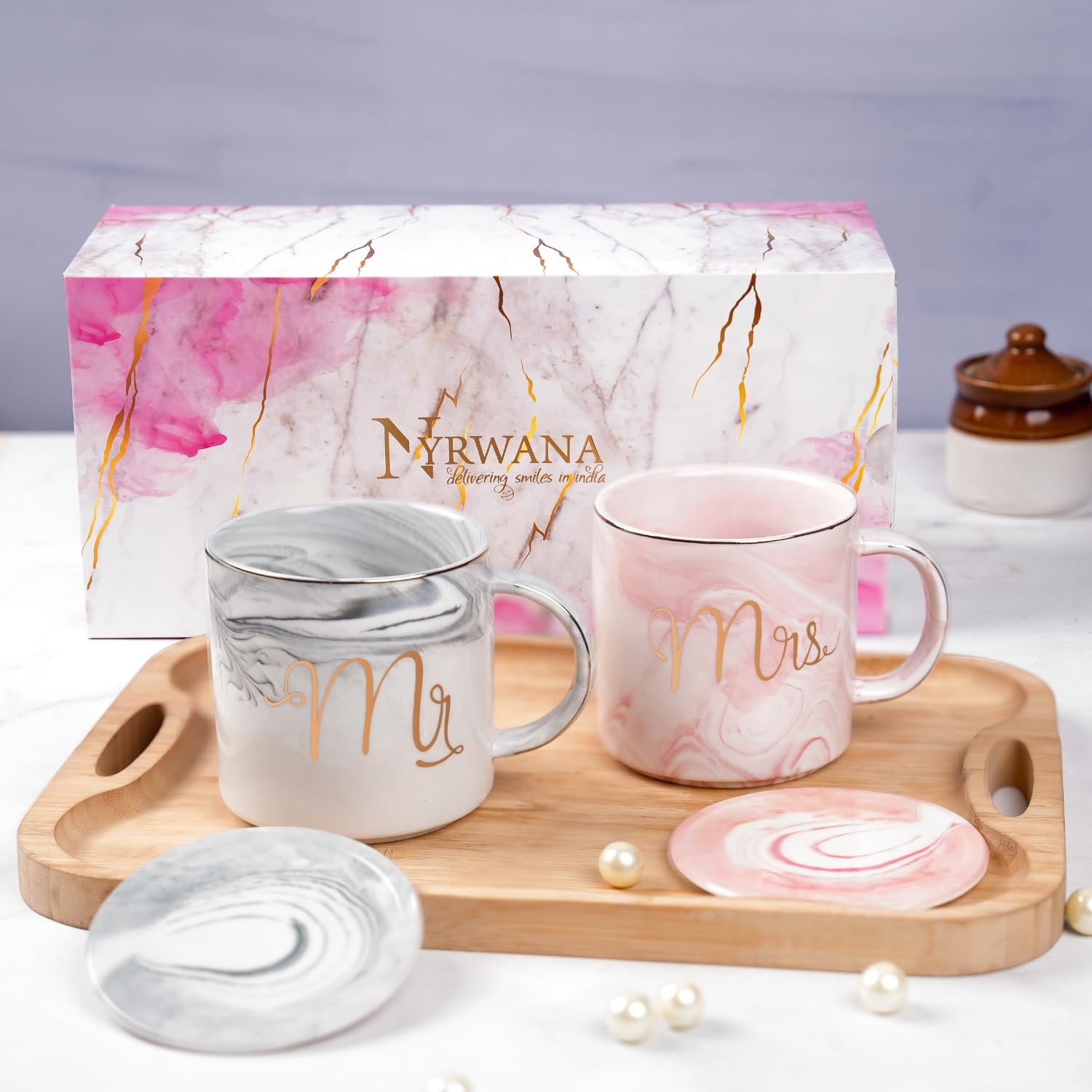 NYRWANA Coffee Mug, Marriage Gifts for Wedding, Wedding Present for Couples, Couple Present, Diwali Gift, Mr & Mrs Set of 2 Coffee Mugs, Lids and Beautiful Gift Box (250ml - Ceramic)