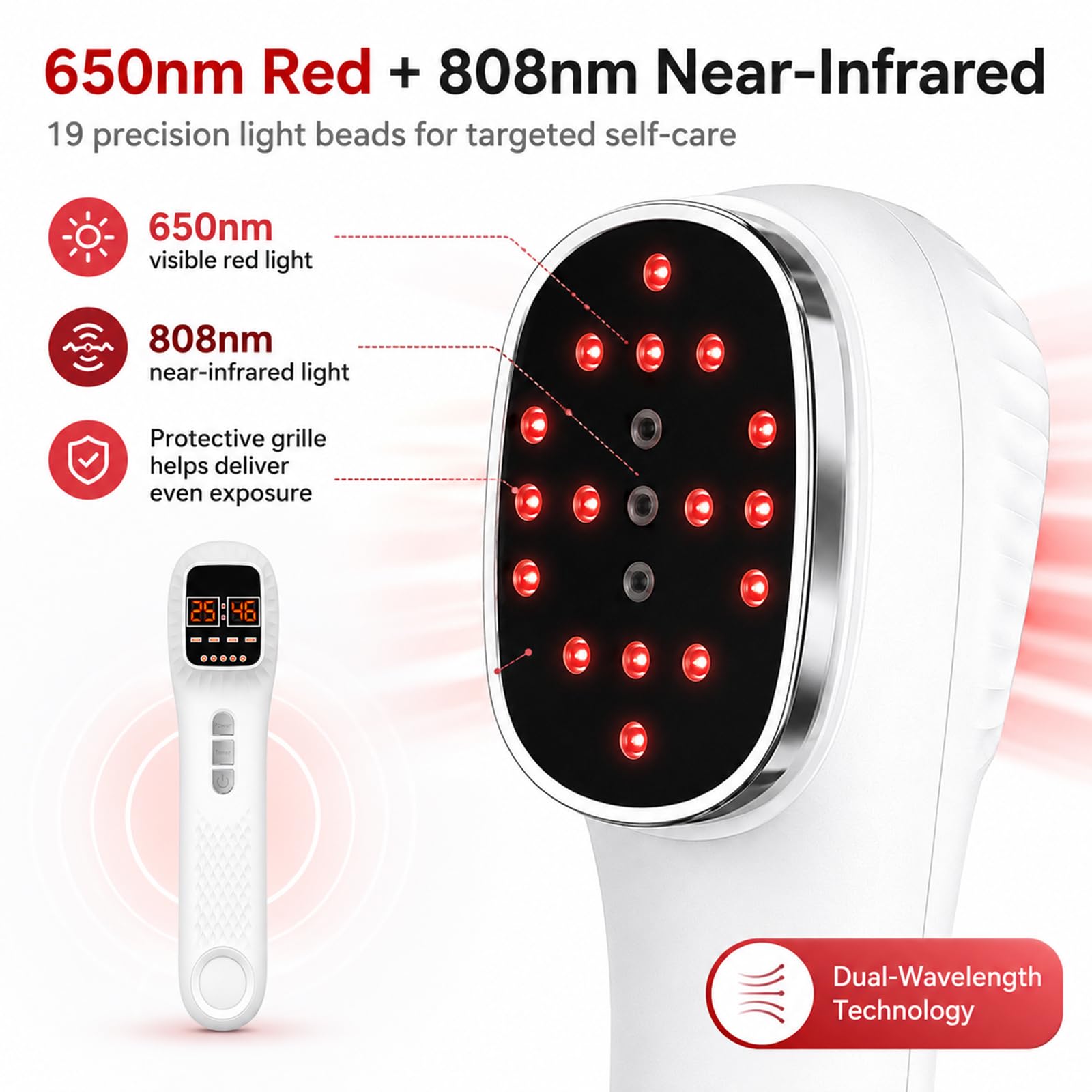 Lampe infrarouge portable à lumière rouge avec support, 16 LED 650 nm + 3 LED 808 nm, quatre modes de fonctionnement, quatre niveaux d'intensité lumineuse et douze réglages de minuterie